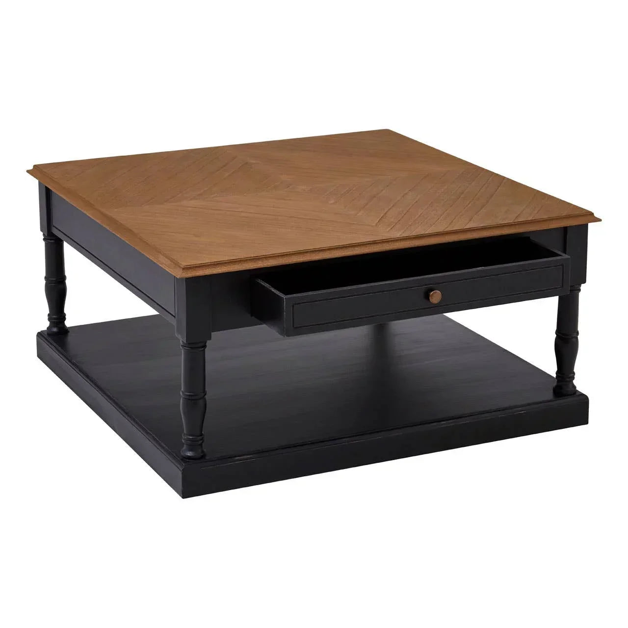 Square coffee table with wooden herringbone top, black frame, drawer, and lower shelf