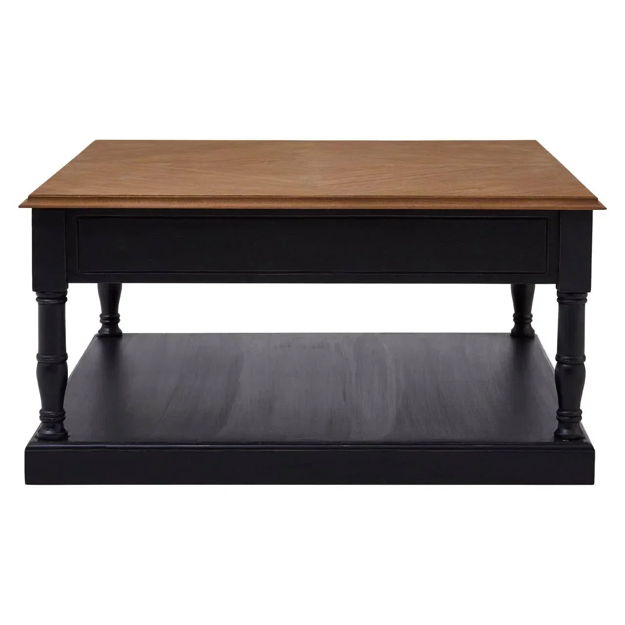 Wooden coffee table with black frame, turned legs and lower storage shelf, brown top
