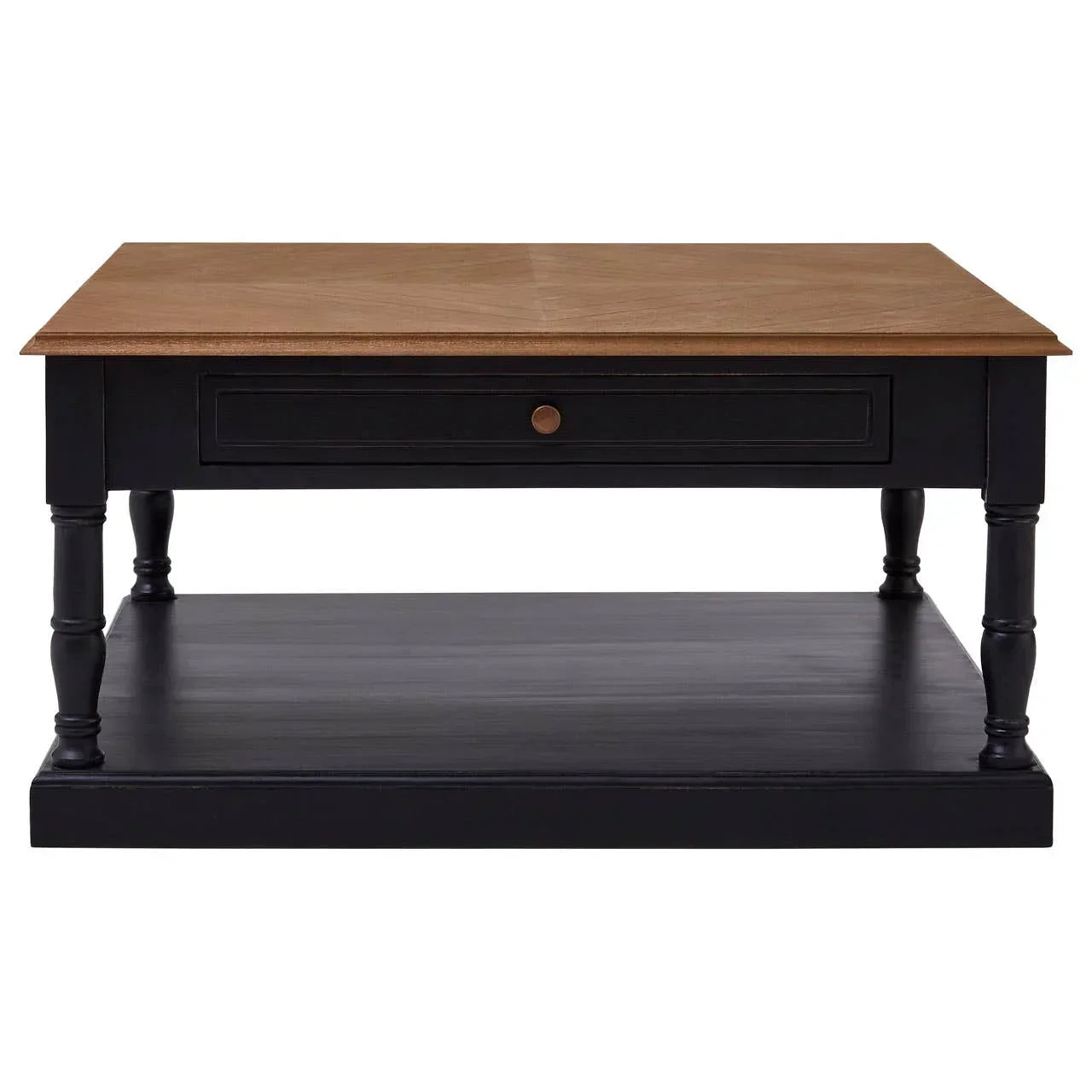 Black wood coffee table with natural top, single drawer and lower shelf, front view