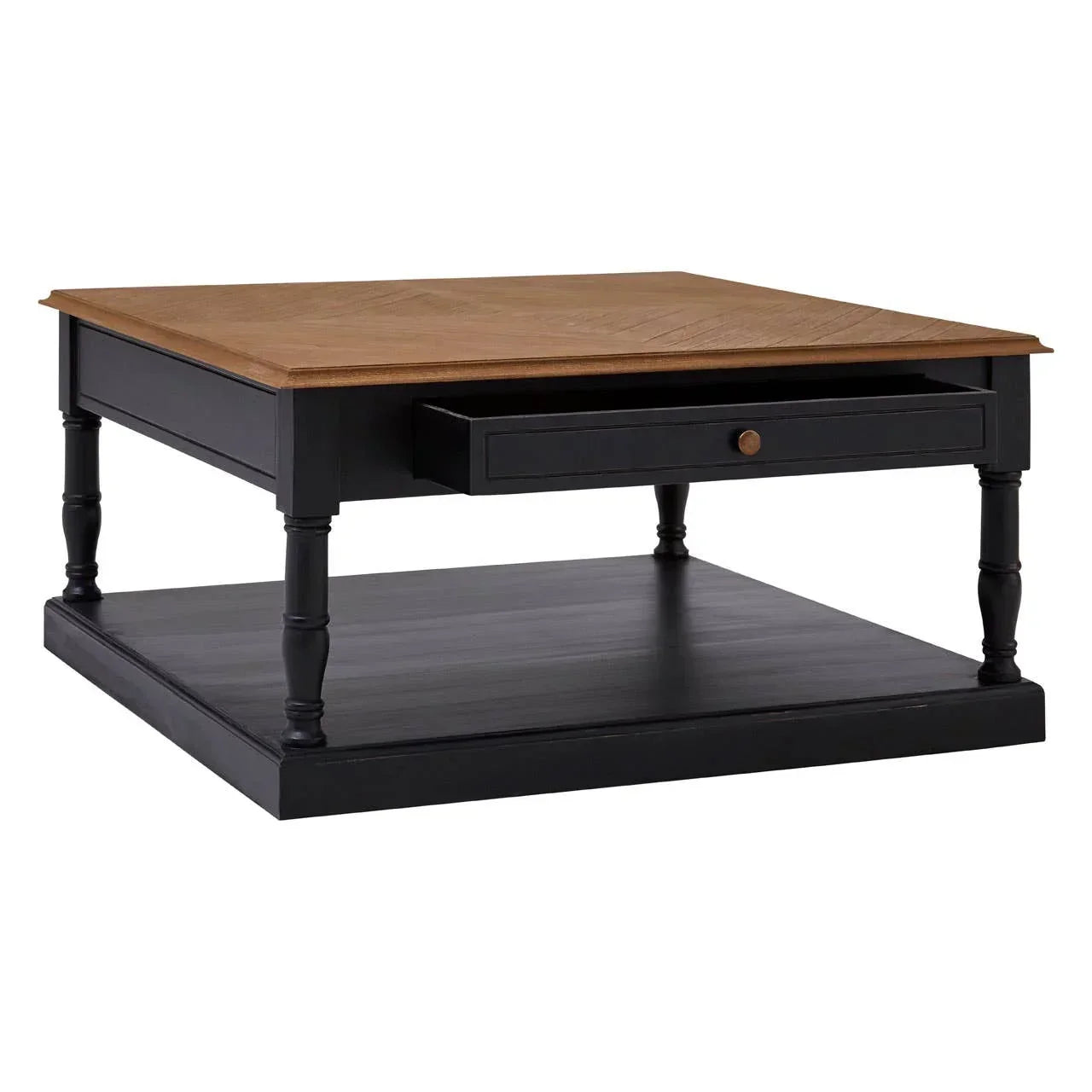 Square coffee table with black frame, wood top, lower shelf, and open drawer
