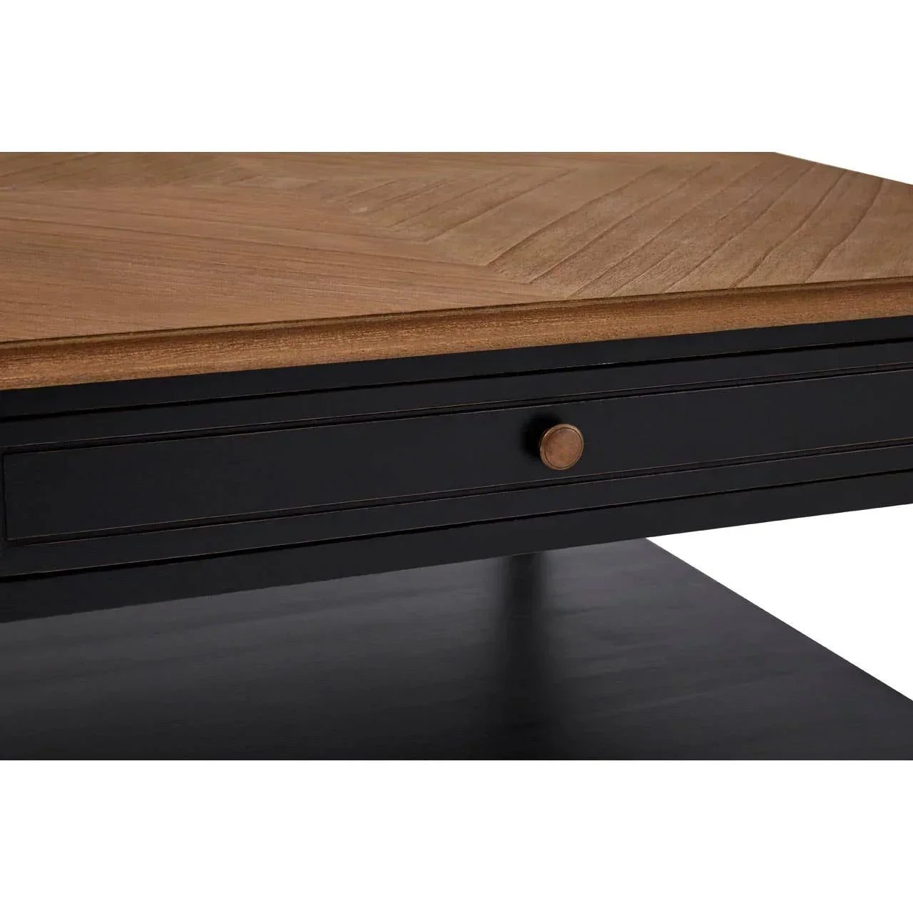 Wood and black coffee table with chevron top and front drawer detail