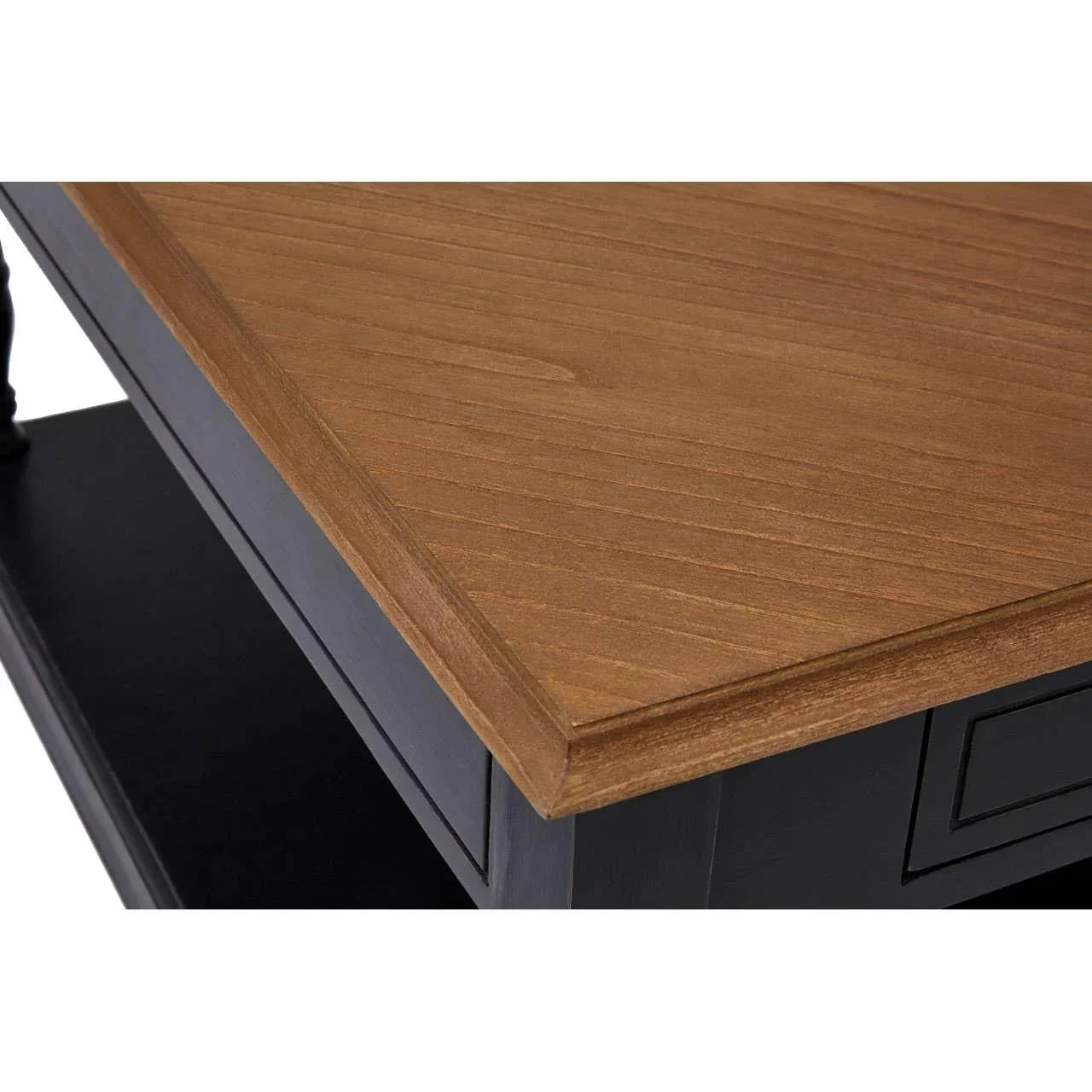 Close up of wooden coffee table corner with black base and lower shelf