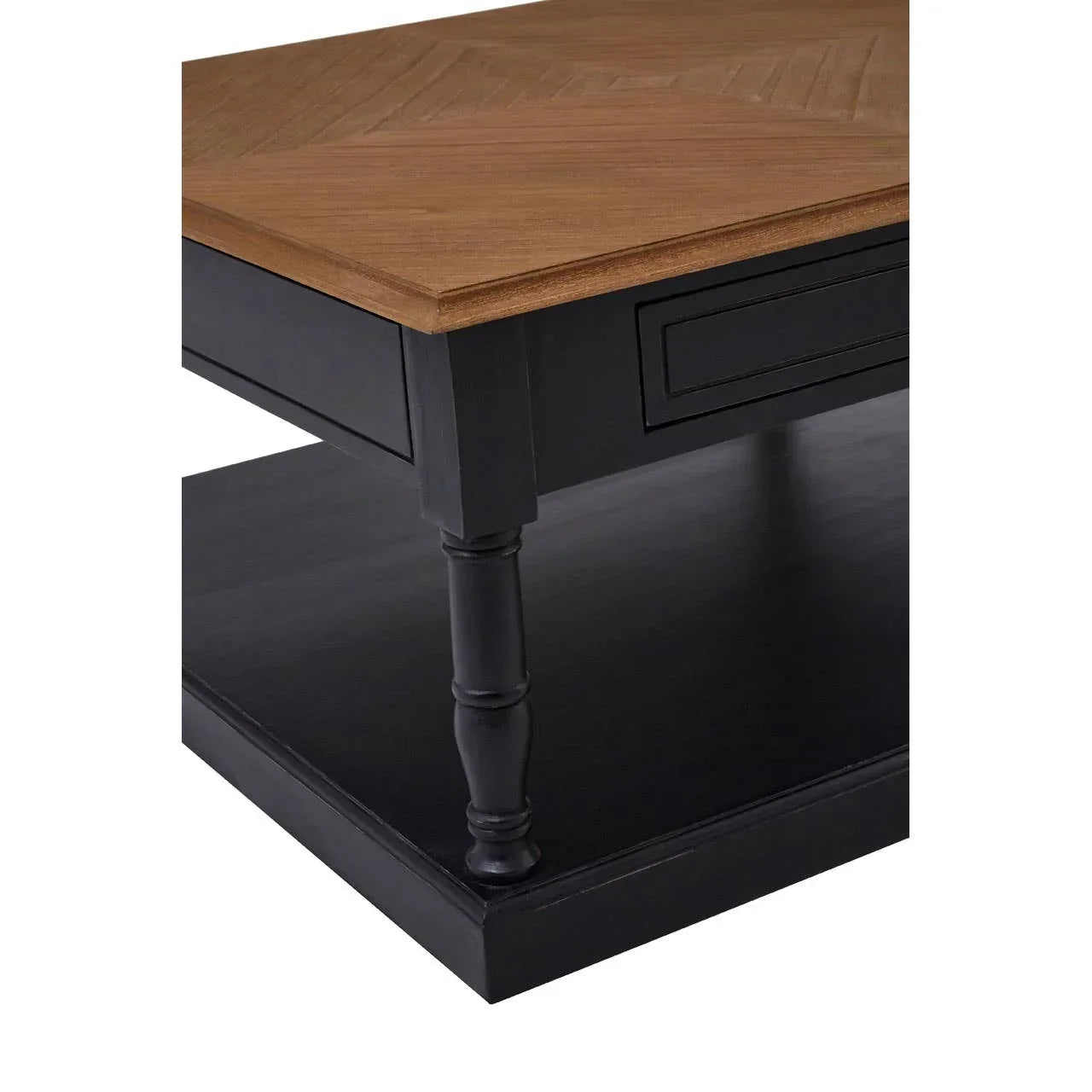 Wood coffee table with black legs and lower shelf, close view of corner and surface detail