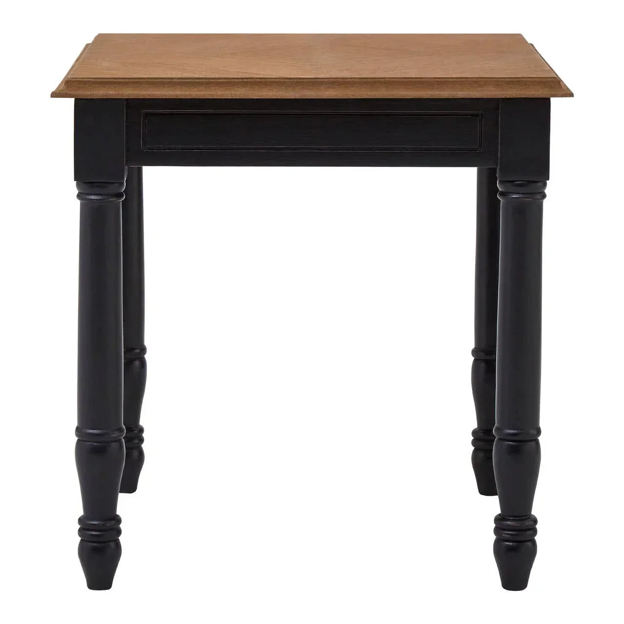 Wooden dining table with black turned legs and natural finish top, front view
