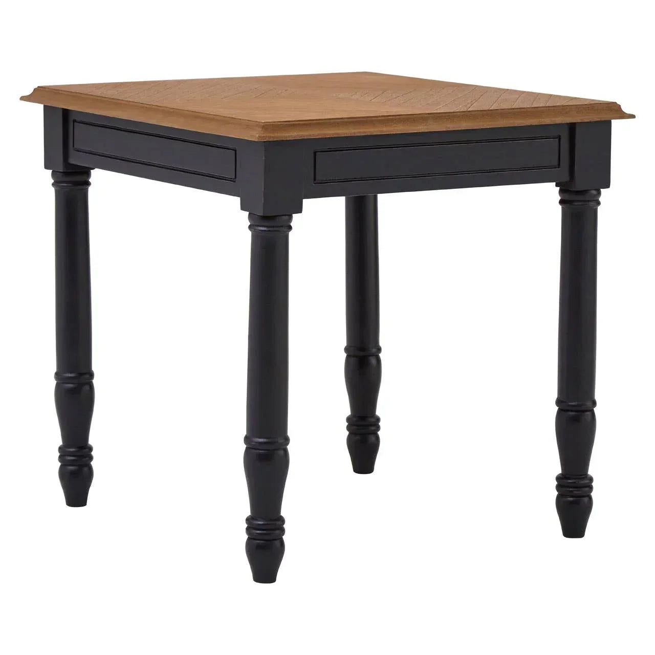 Square dining table with oak wood top and black turned legs, angled front view