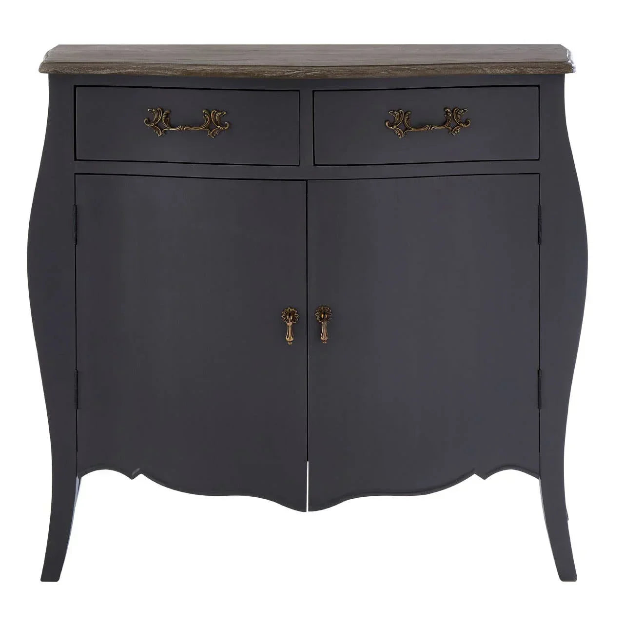 Black wooden sideboard with curved legs, bronze handles, and two drawers above cabinet doors