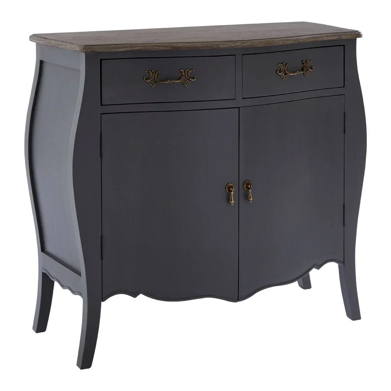 Black wooden storage cabinet with brass handles and curved legs