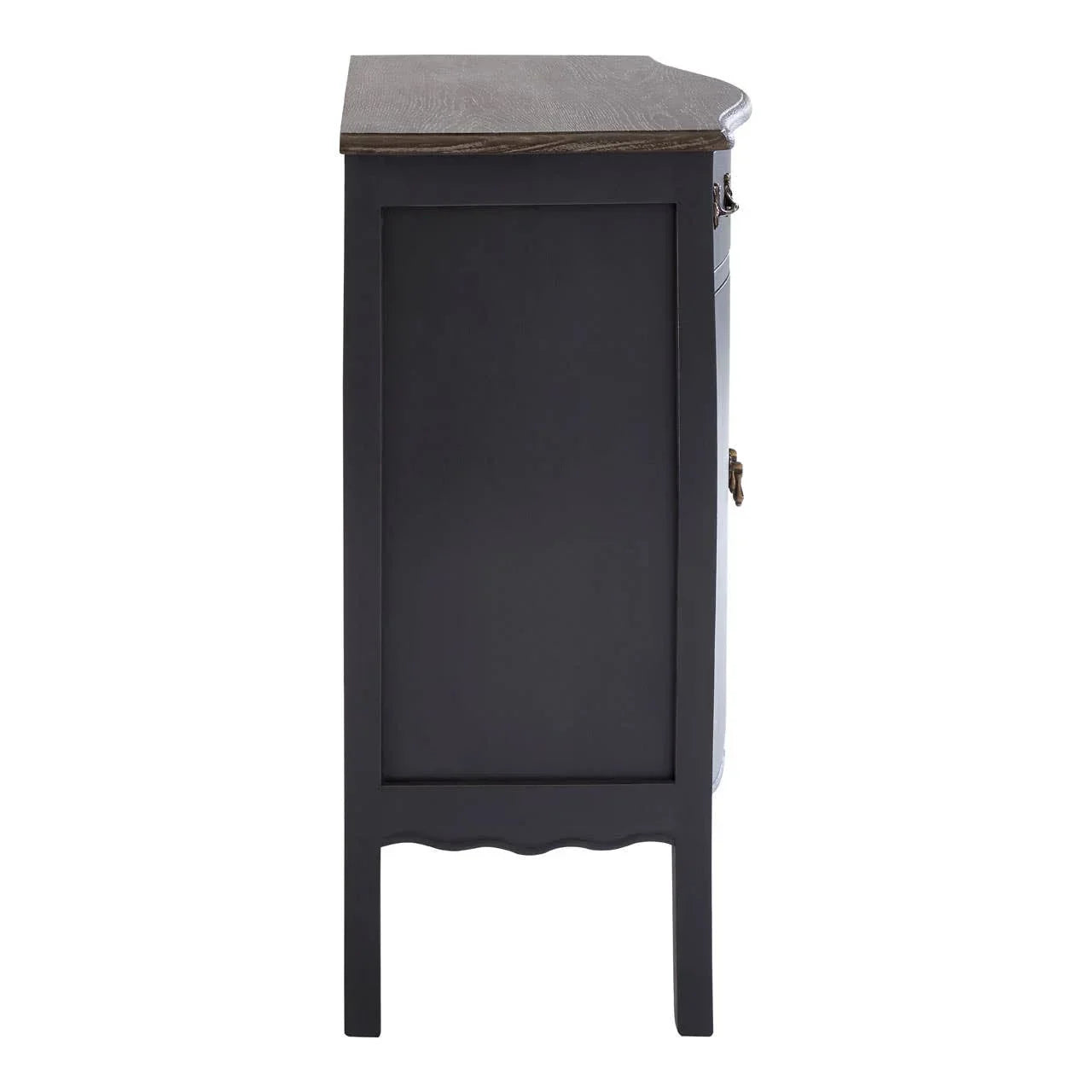 Side view of black wooden cabinet with dark wood top and panel detailing
