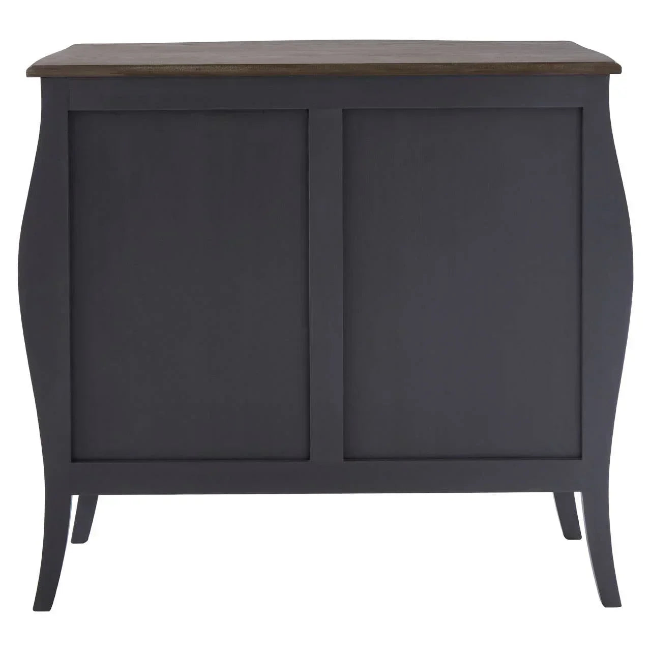 Black wooden chest of drawers rear view with curved legs and dark top surface