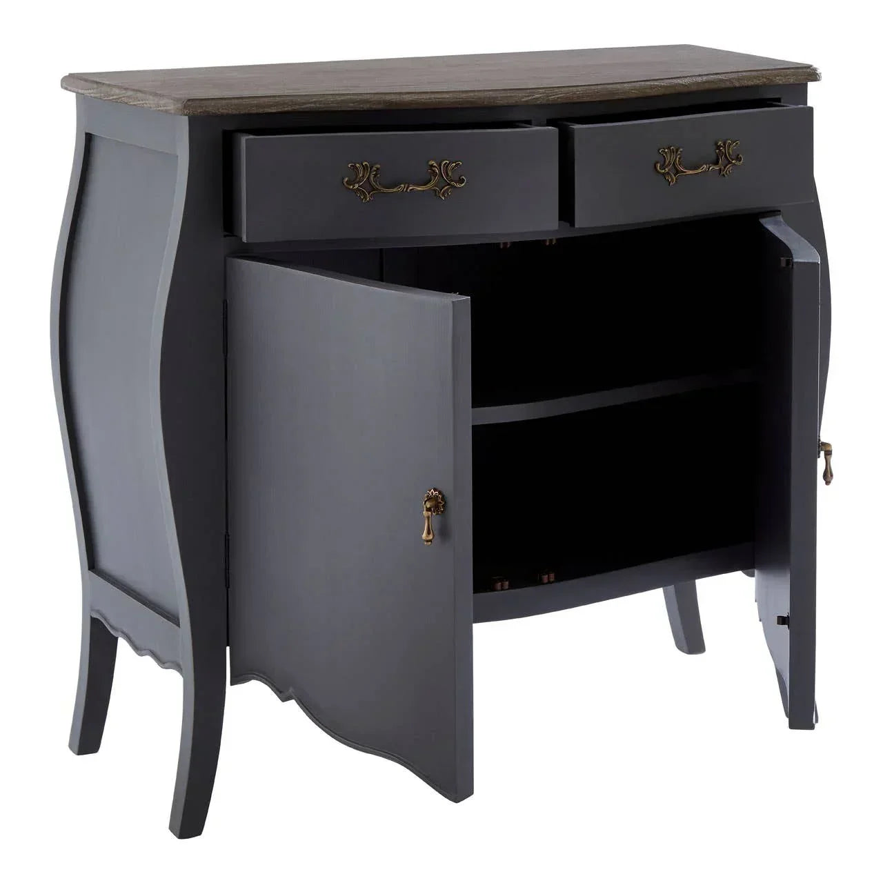 Dark grey wooden sideboard with two open drawers and double cabinet doors