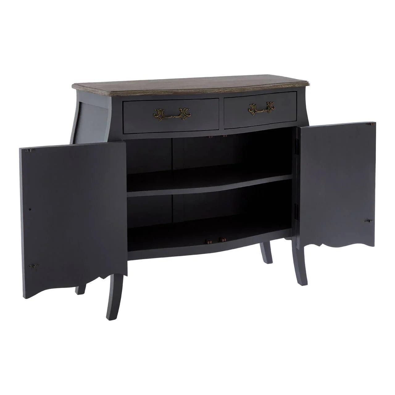 Black sideboard cabinet with wooden top, open doors, interior shelves, and brass handles