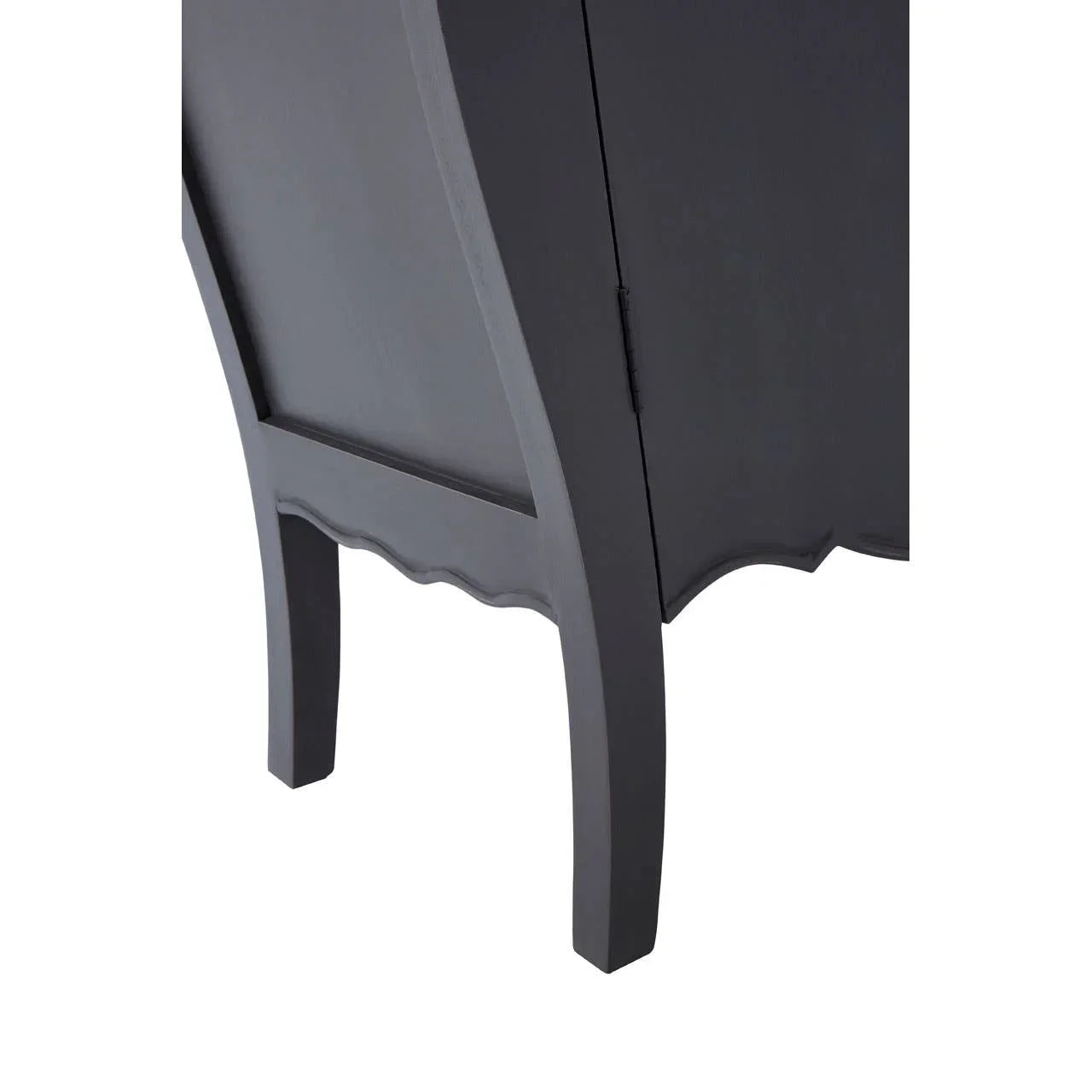 Black wooden cabinet leg with curved design and panel detail