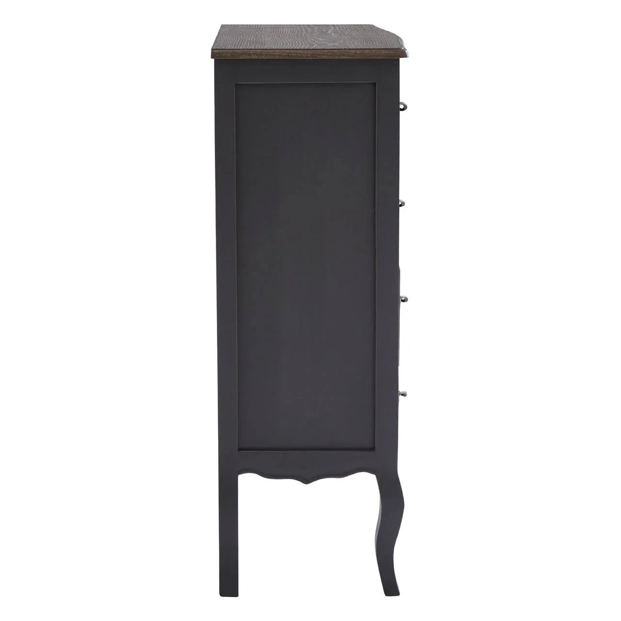 Side view of dark wood chest of drawers with curved leg design