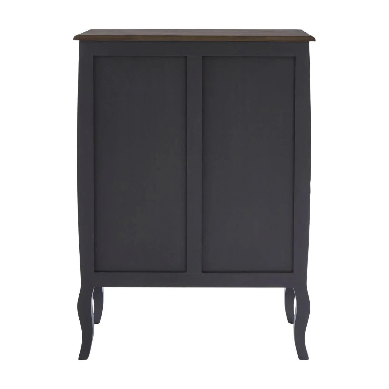 Black wooden cabinet with curved legs and dark brown top, rear view