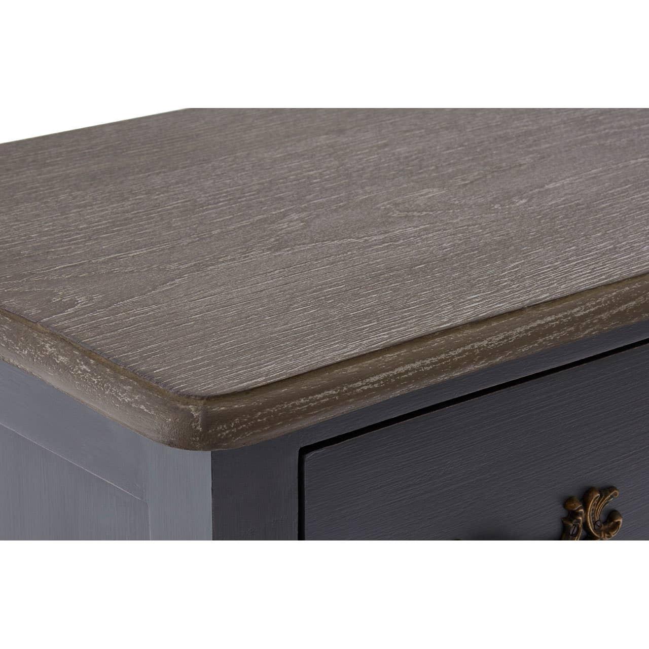 Close up of wooden sideboard top with textured grey finish and rounded edge detail