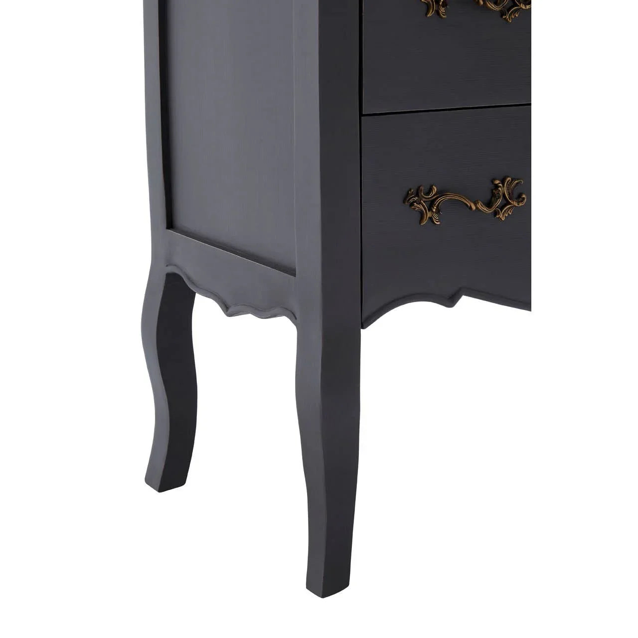 Dark wood bedside table with curved legs and ornate gold drawer handles, side view