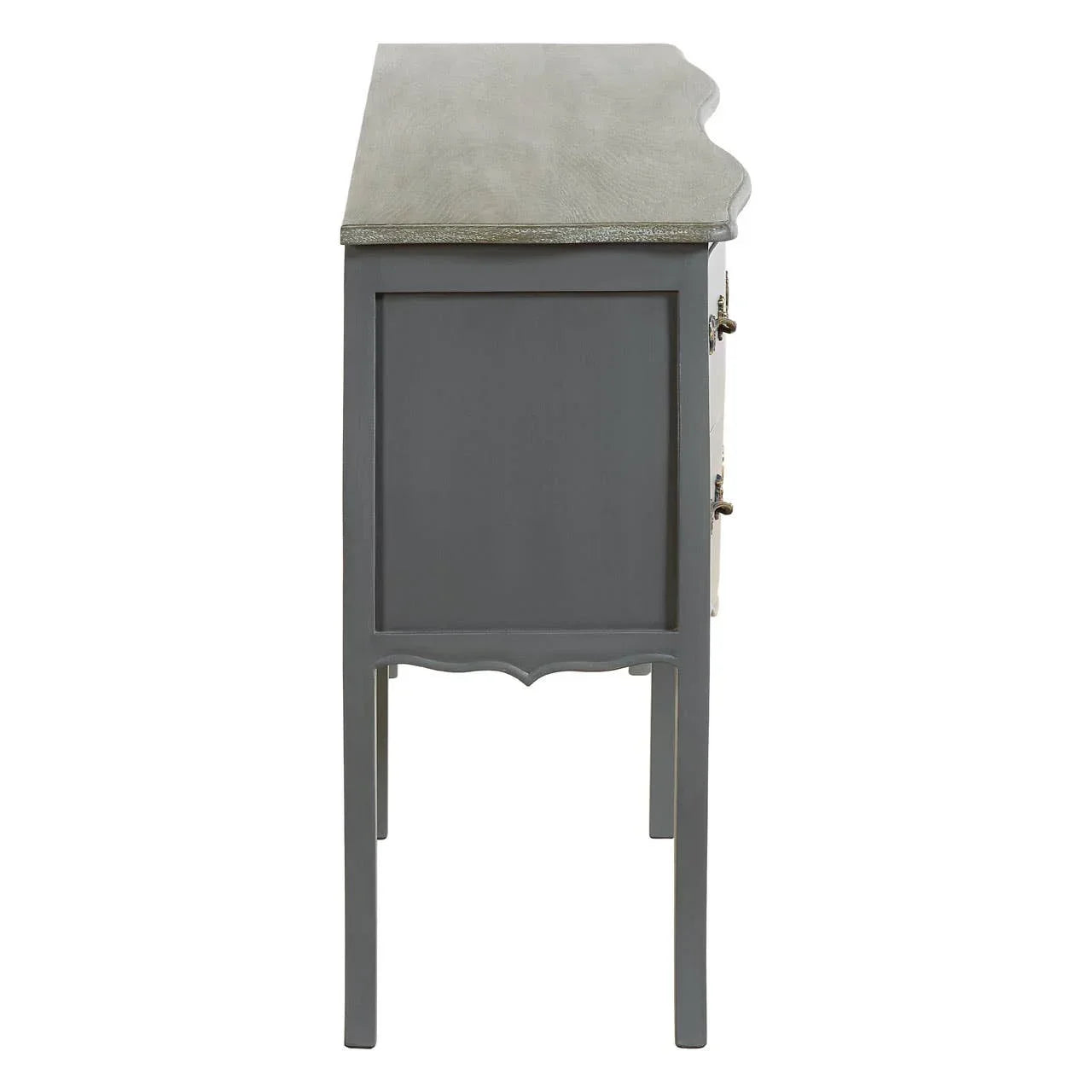 Side view of grey wooden console table with decorative curved tabletop and panel detail