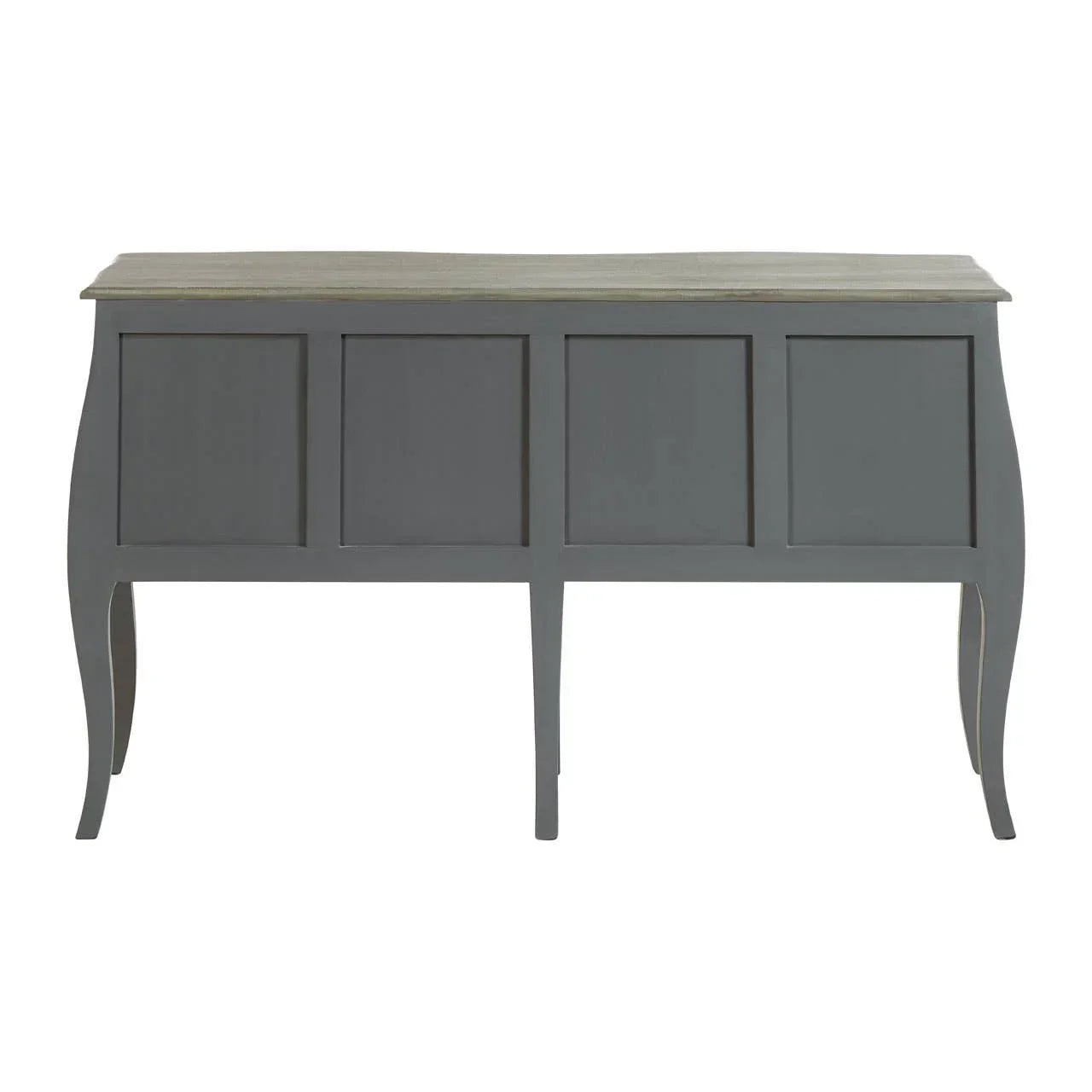 Grey wooden console table with curved legs and four panel design, front angle view