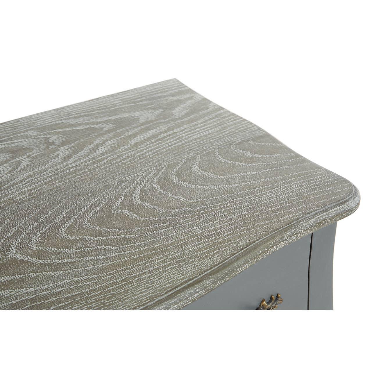 Curved edge wooden chest of drawers top with grey wood grain finish and subtle metal handle
