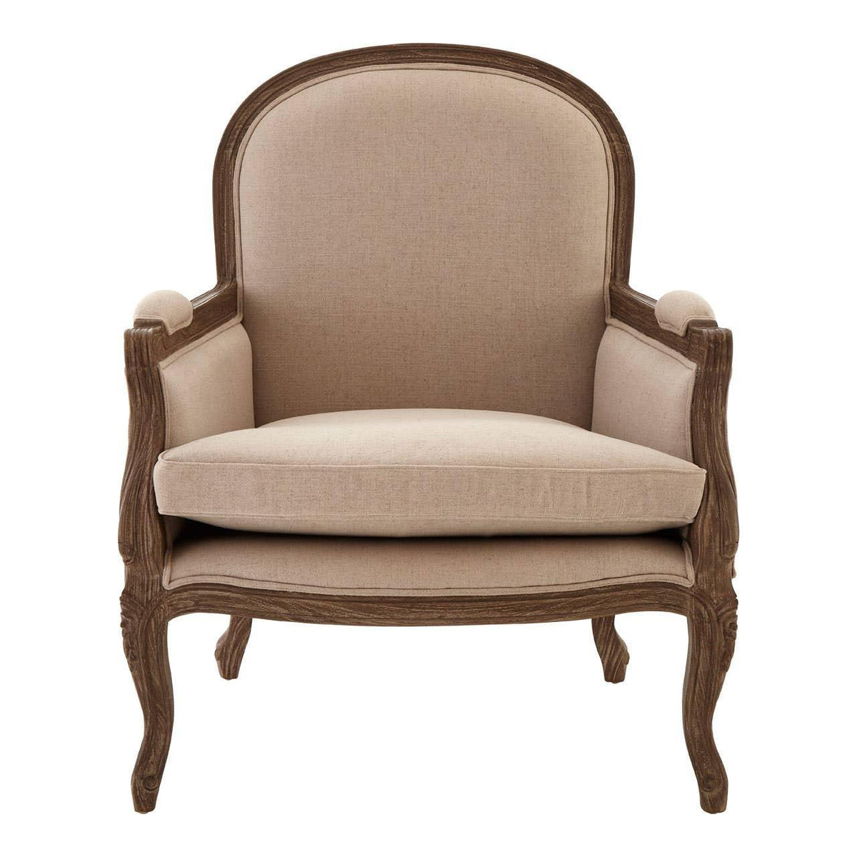 Beige upholstered armchair with carved wooden frame and curved backrest