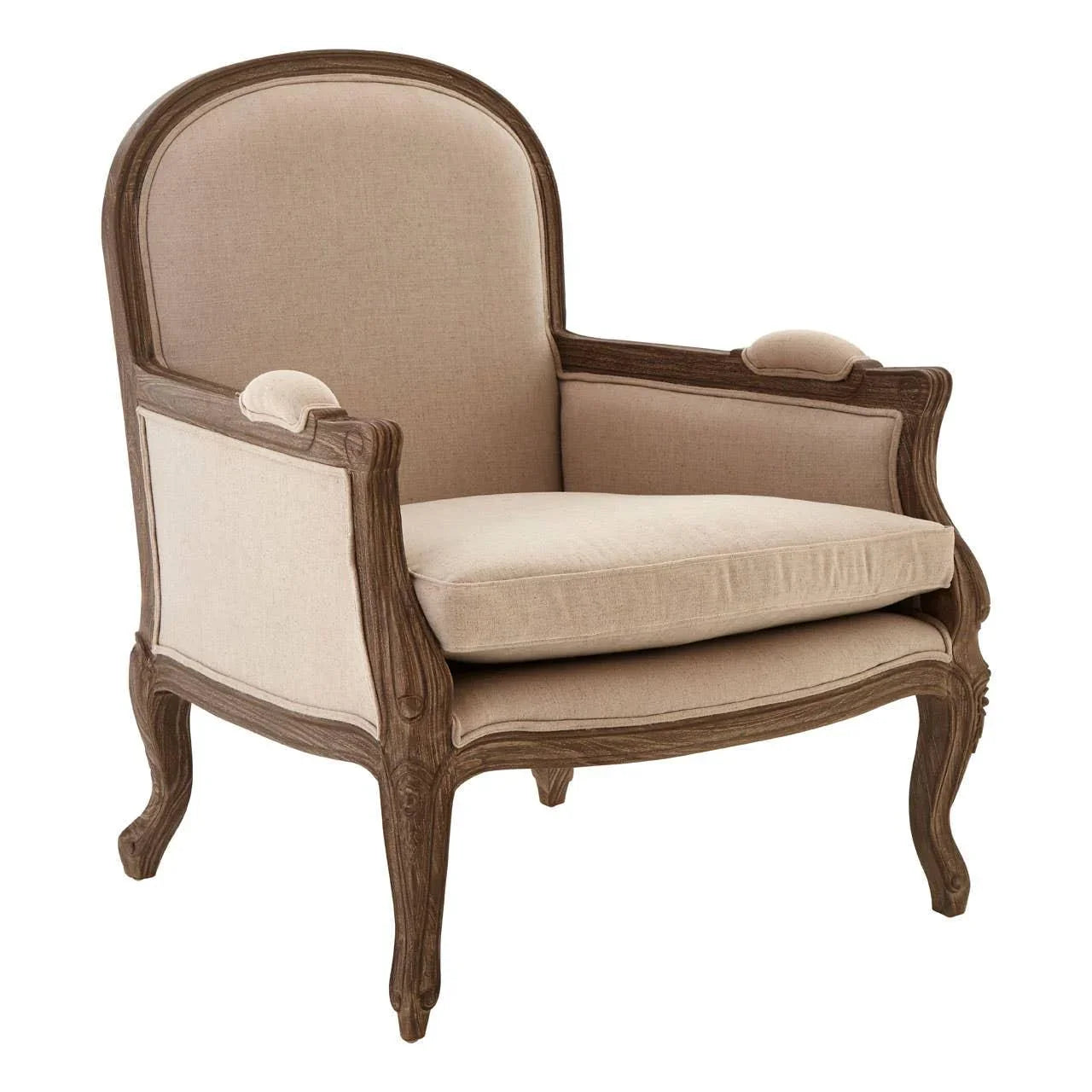 Beige upholstered armchair with wood frame and curved legs
