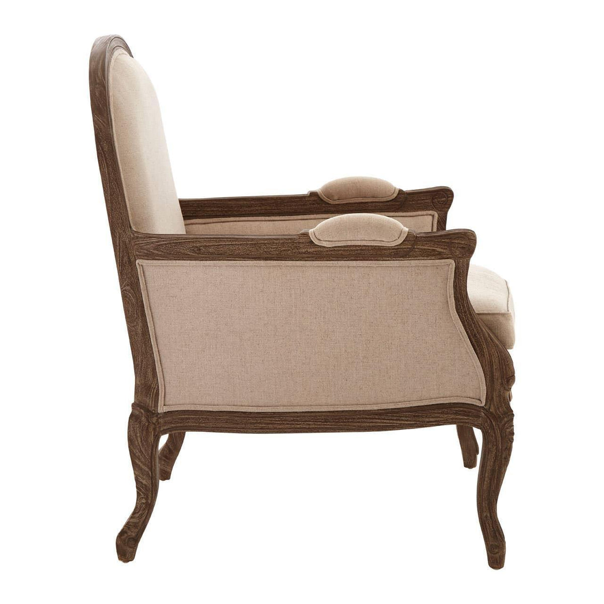 Side view beige upholstered armchair with carved wood frame and curved legs