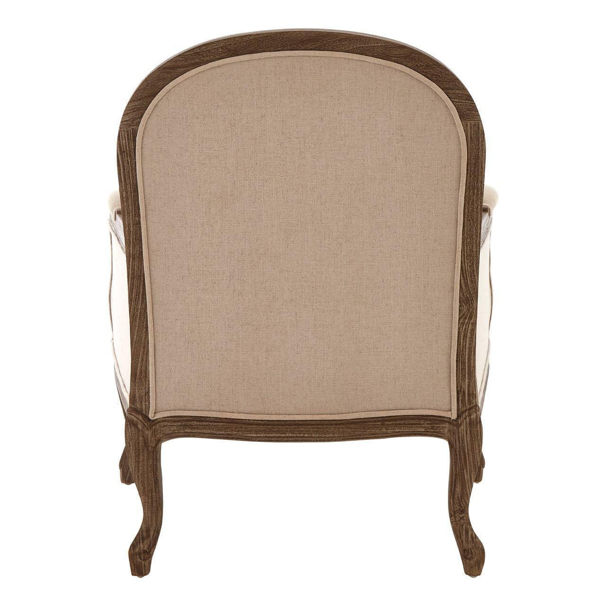 Rear view of beige upholstered armchair with carved wooden frame and curved legs