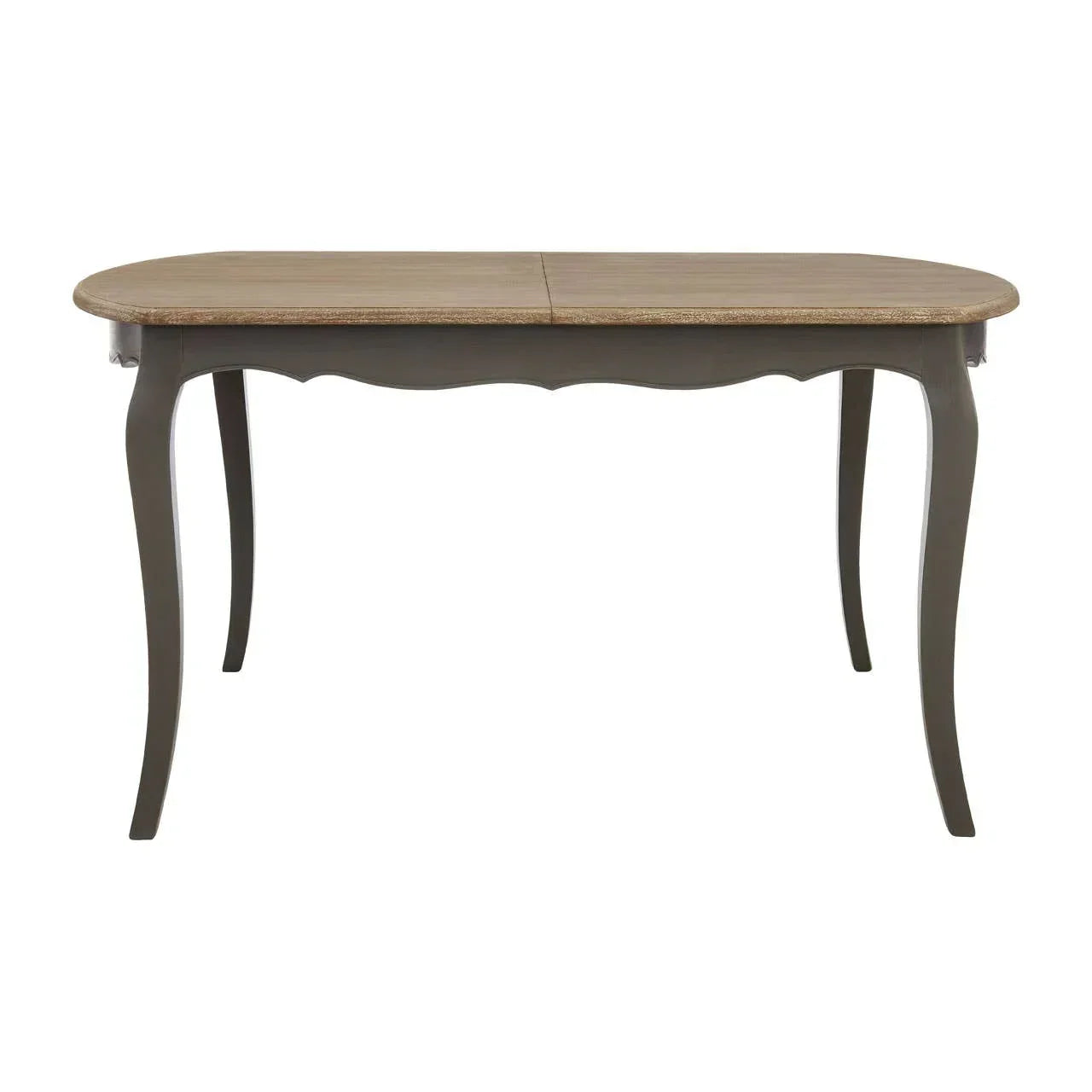 Wooden dining table with curved legs and light oak top, shown from the front