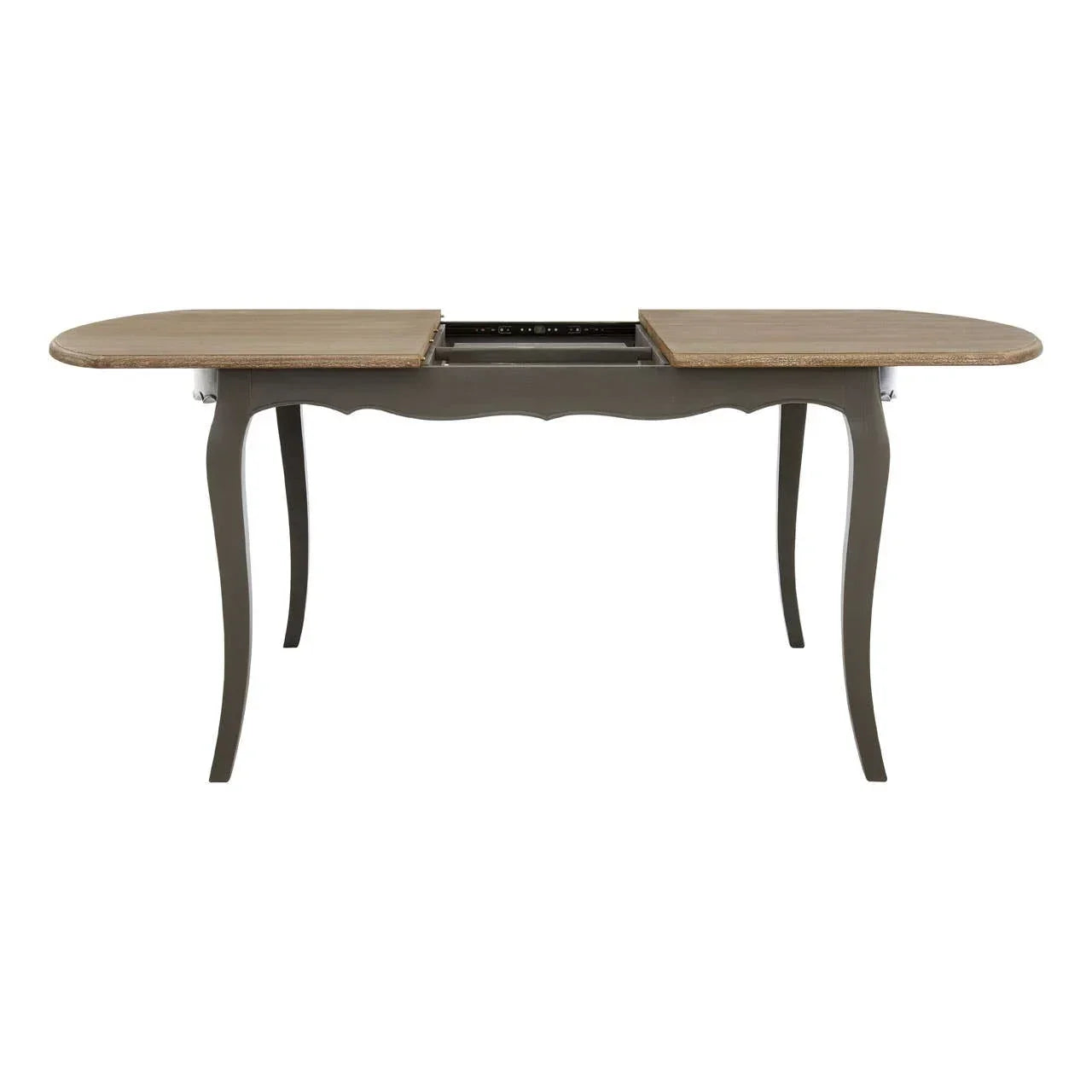 Extendable dining table with wooden top and curved grey legs, shown open from front view