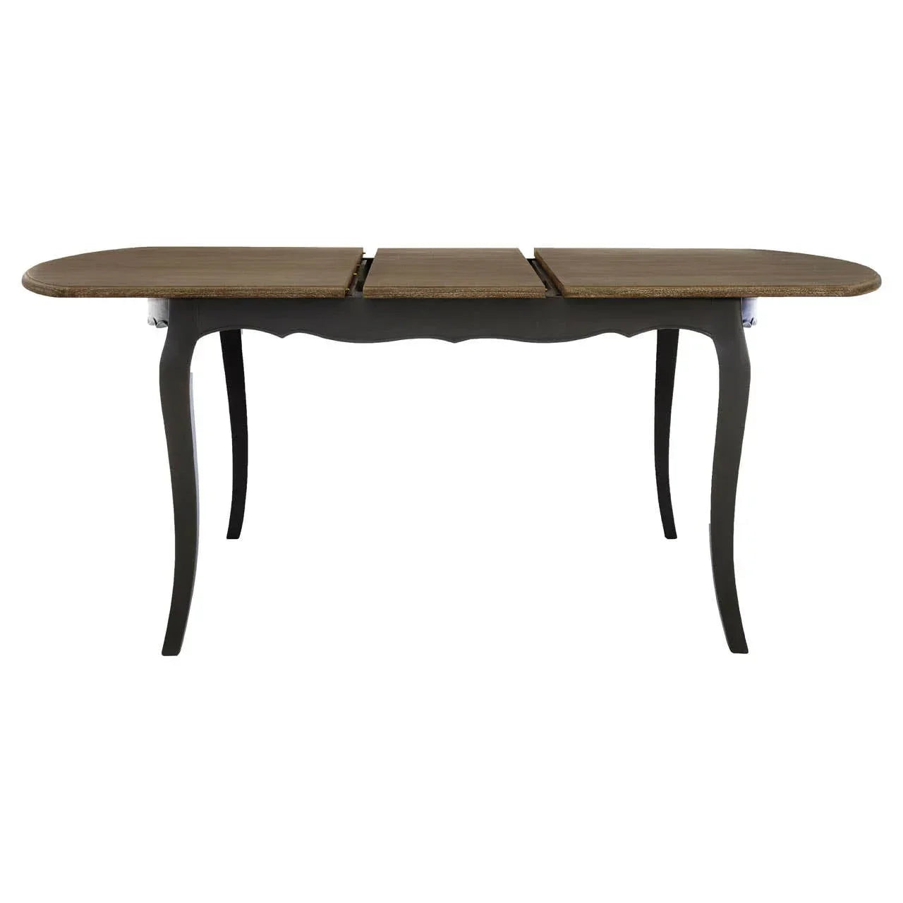 Extendable dining table with dark curved legs and wood finish top, frontal view