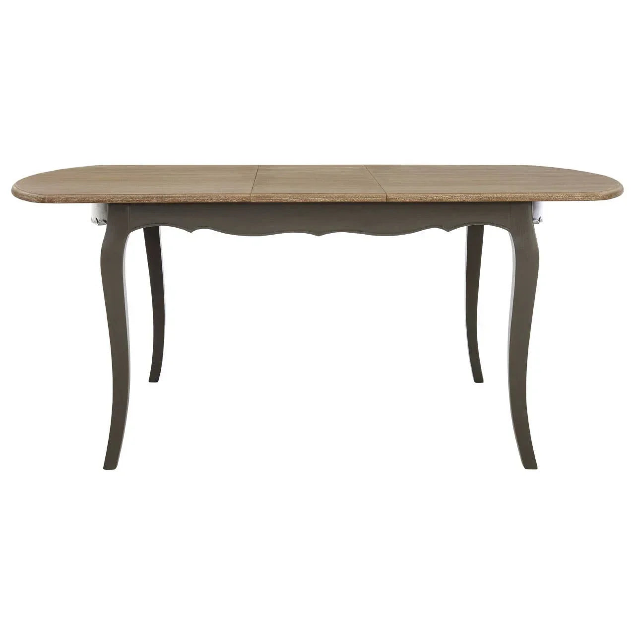 Rectangular wooden dining table with curved legs and natural top, front view