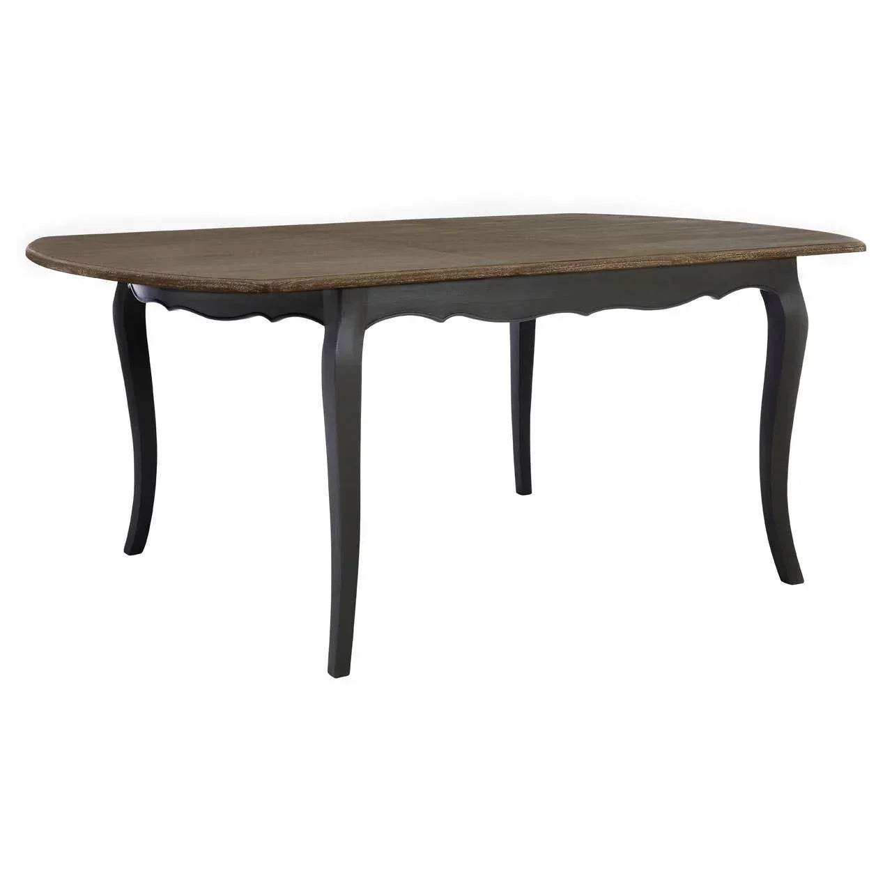 Rectangular wooden dining table with dark curved legs and brown top on white background