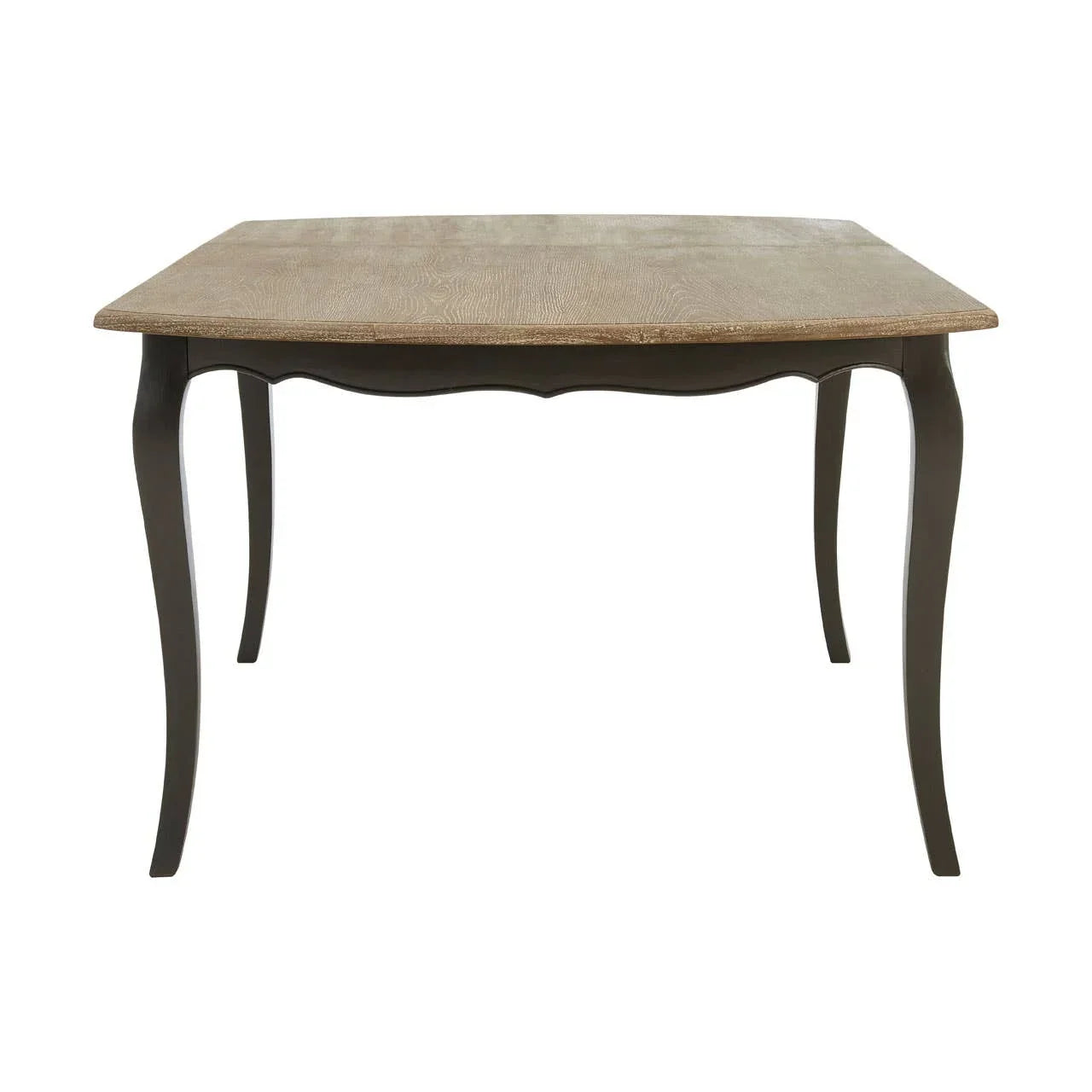 Rectangular wooden dining table with curved dark legs and light wood top