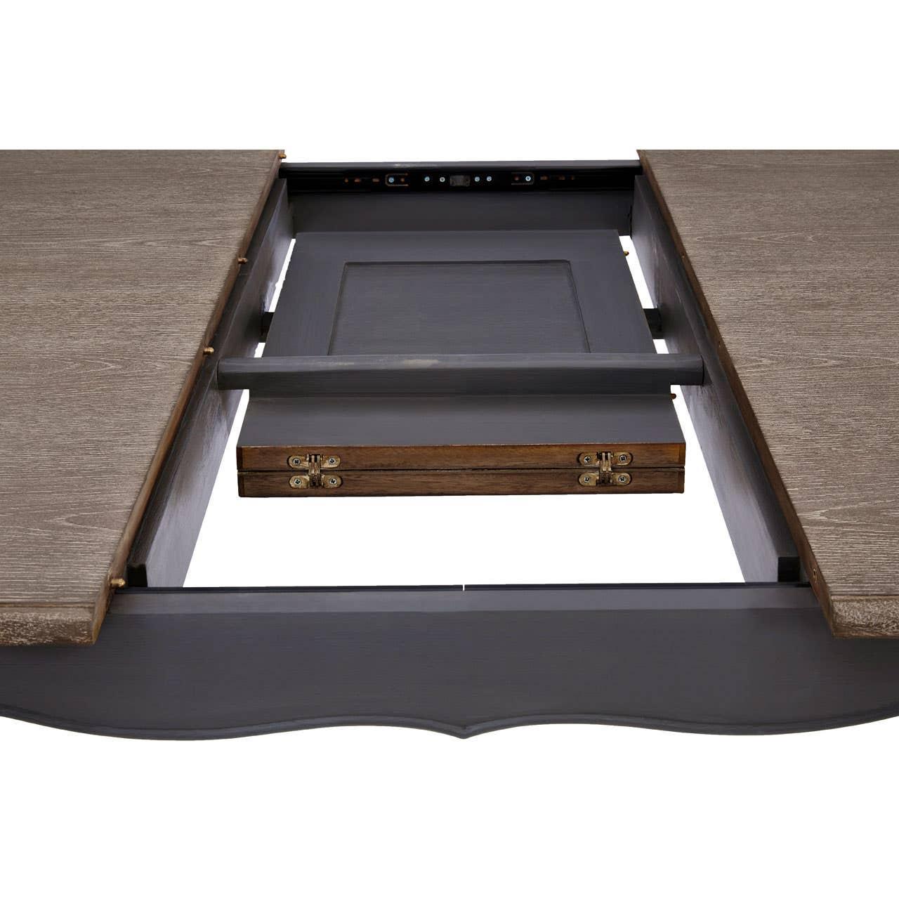 Extendable dining table with folded leaf insert and wood grain finish detail