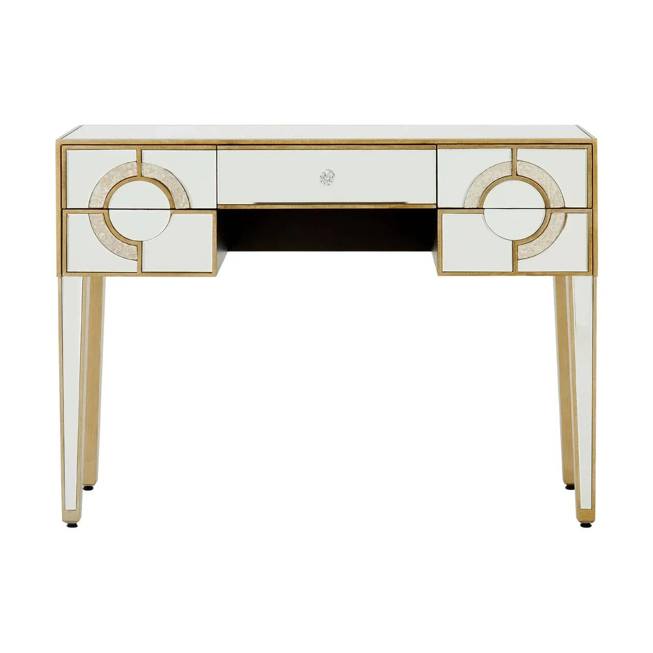 Mirrored console table with gold trim and geometric drawer design, front view