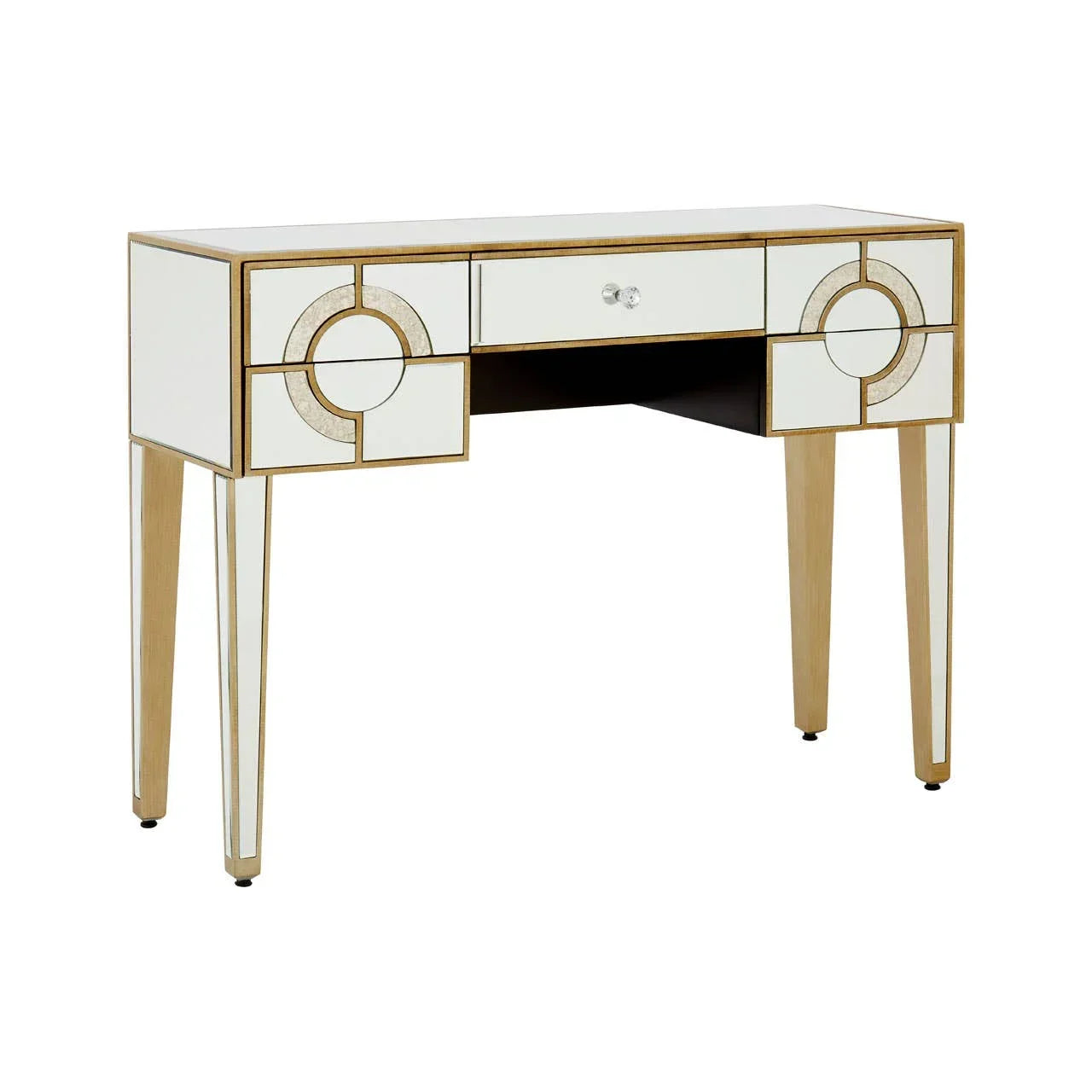 Mirrored dressing table with gold geometric detailing and tapered legs, front angle view