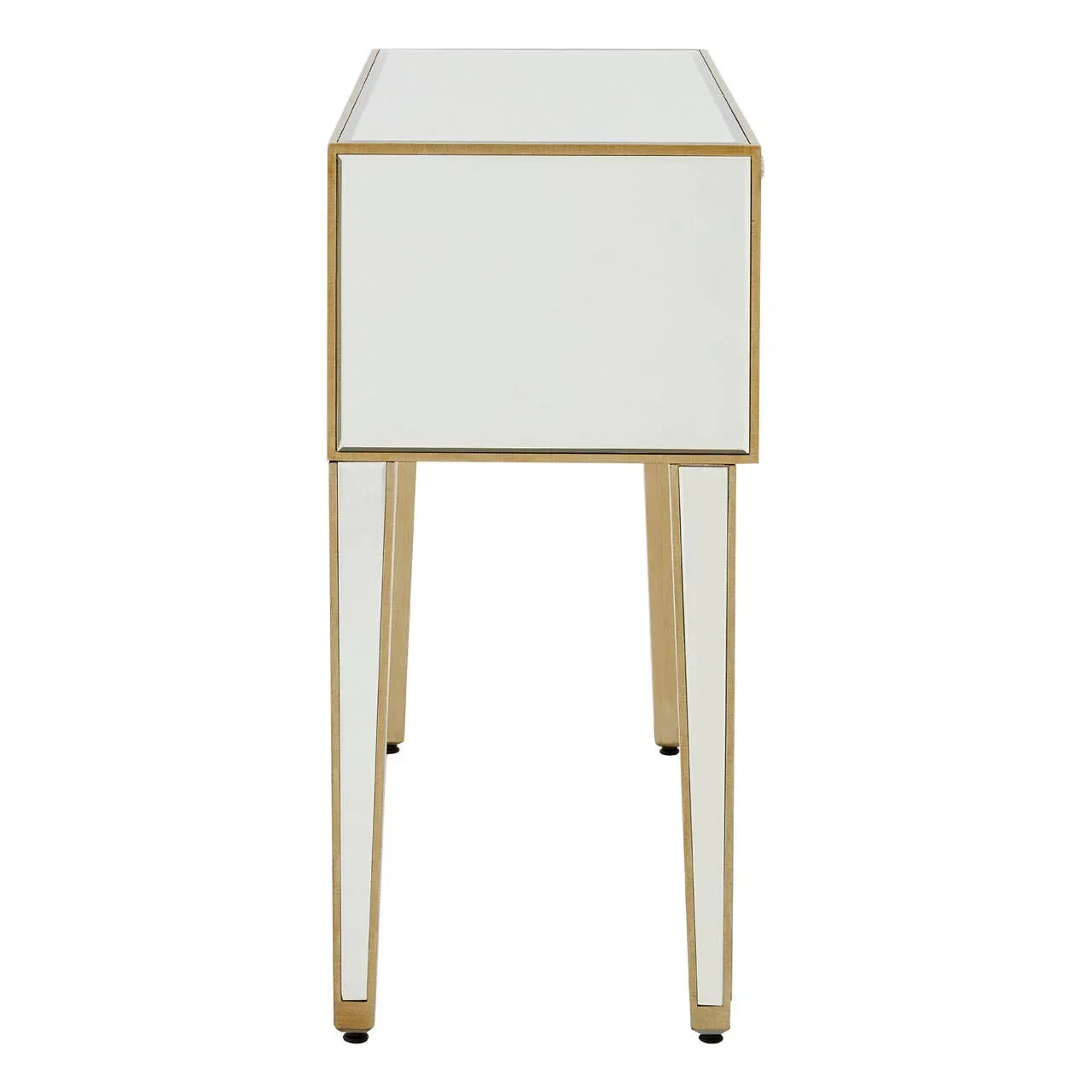 Mirrored side table with gold trim and slim legs, shown from the side angle