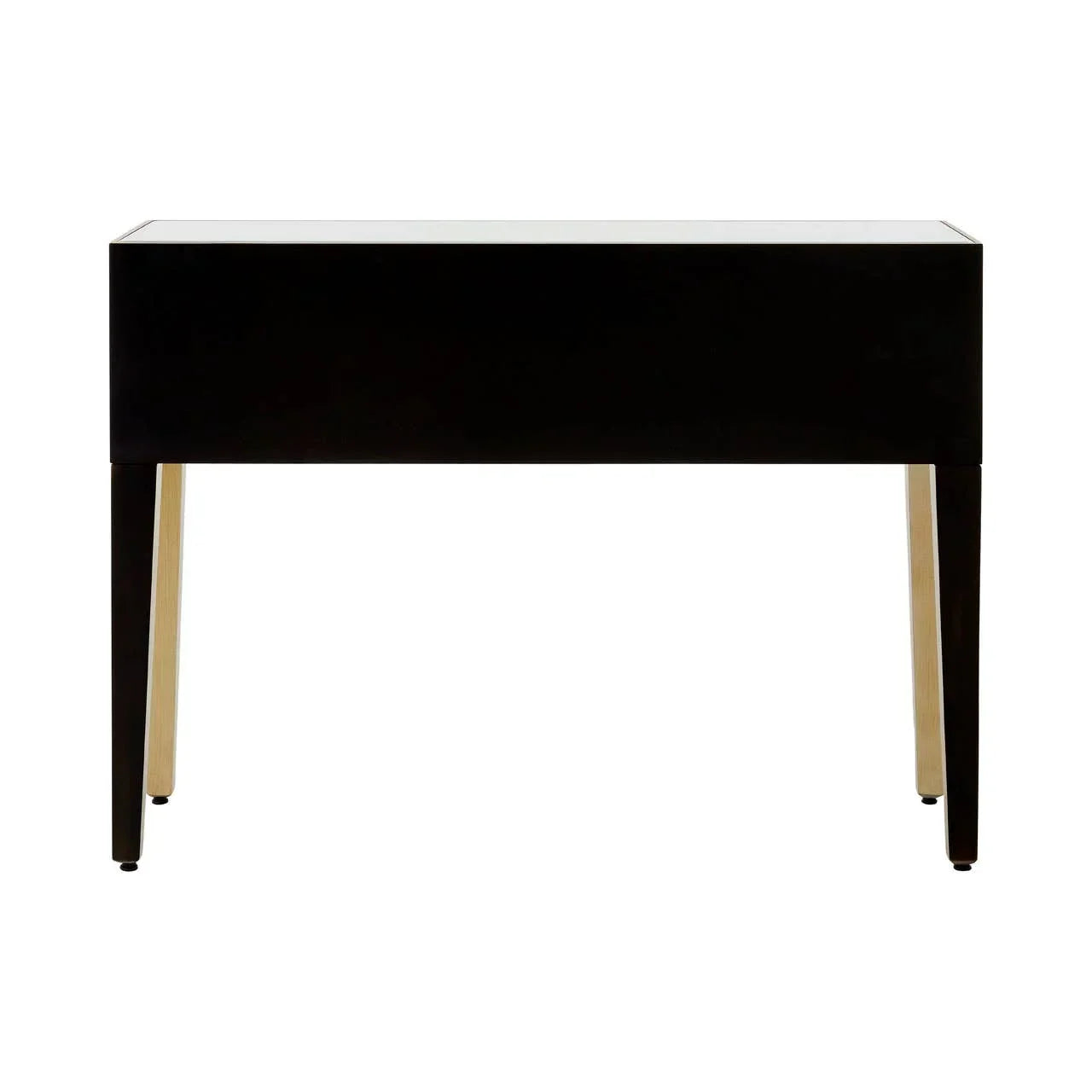 Black console table with gold metal legs, modern rectangular design, front view