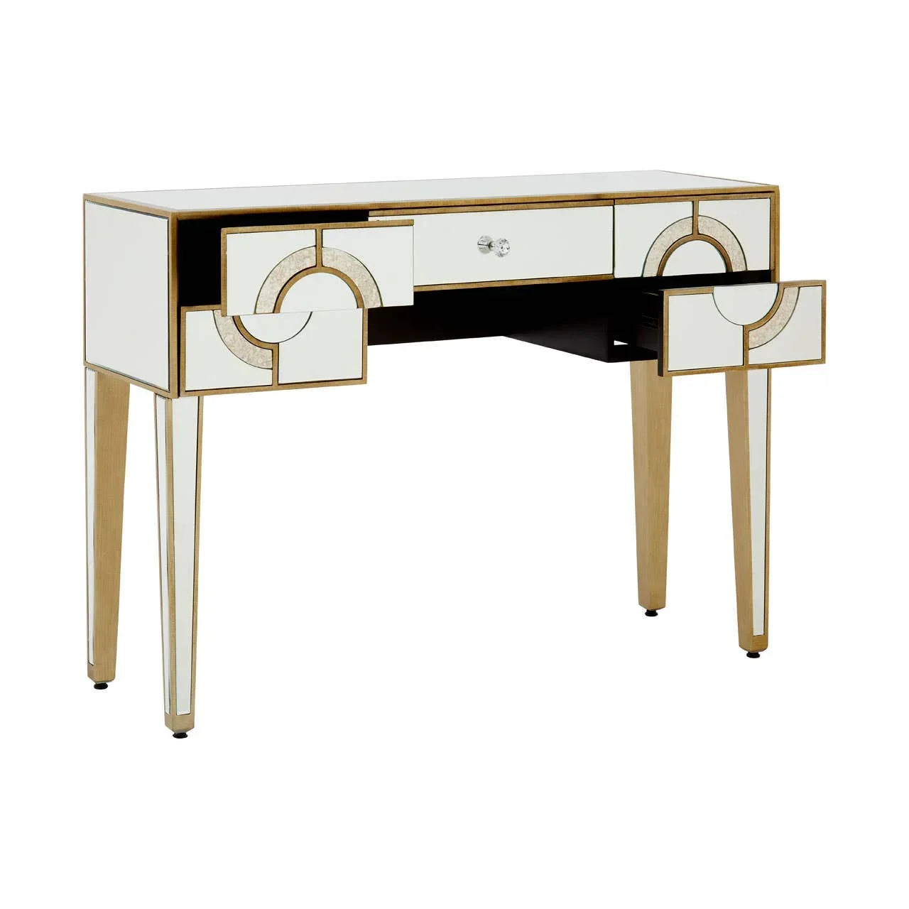 Mirrored console table with gold trim, three drawers, and geometric pattern detailing