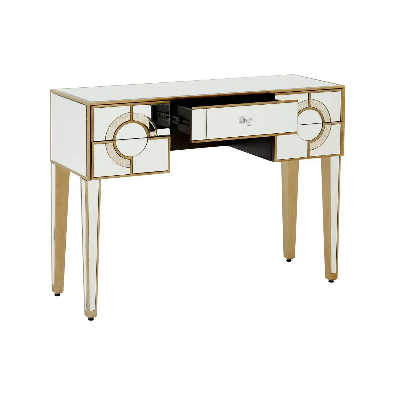 Mirrored console table with gold trim, geometric drawer fronts, and glass handle