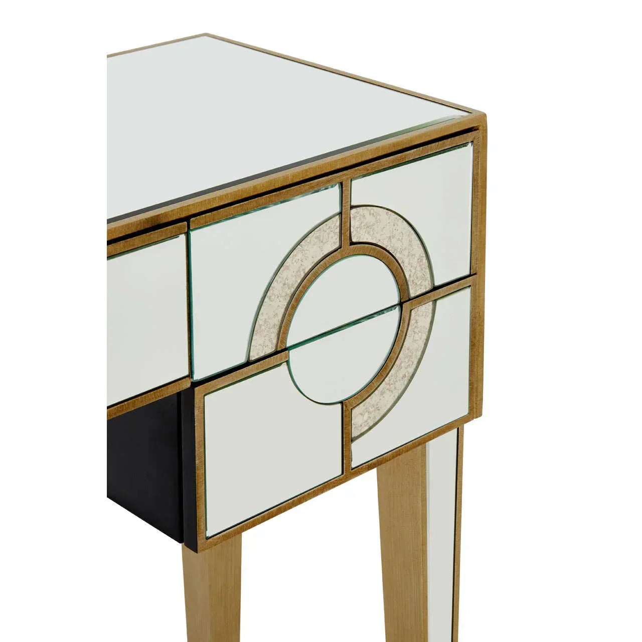 Mirrored console table with geometric drawer design and light wood legs
