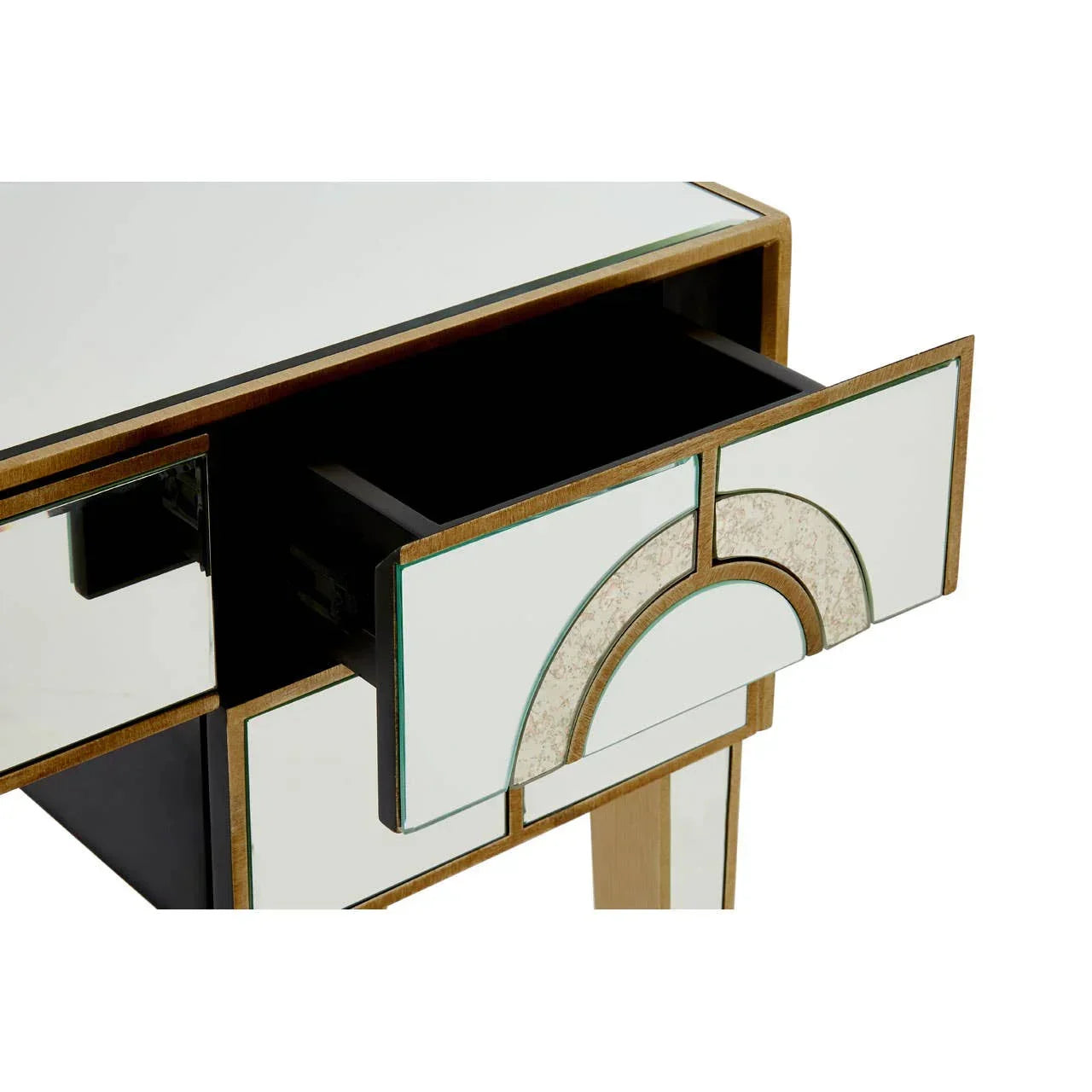 Mirrored console table with geometric drawer partially open, gold trim detail