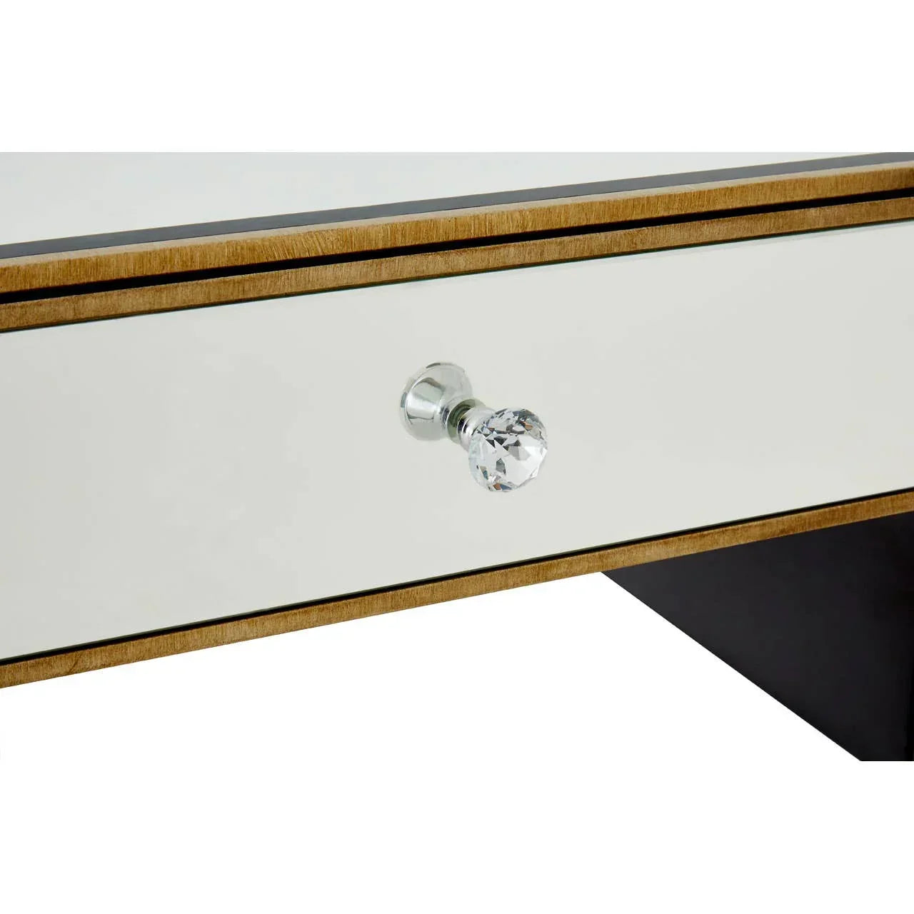 Mirrored glass drawer with crystal knob and wooden trim on furniture piece