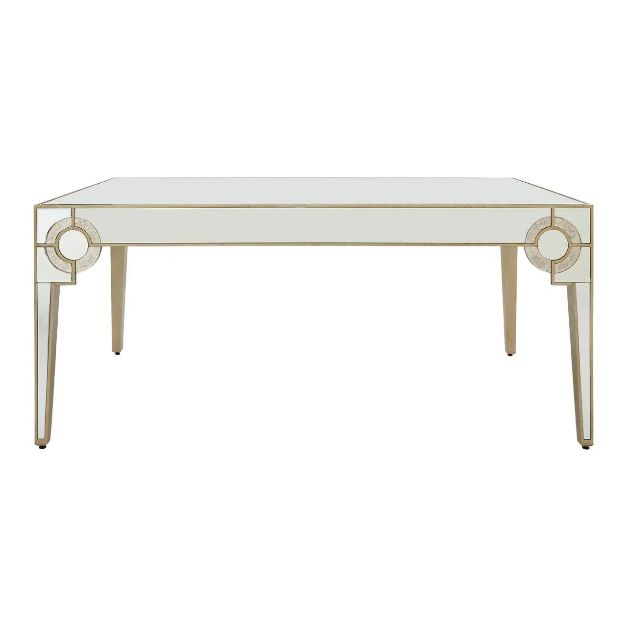 Mirrored dining table with gold trim and geometric leg accents, front angle view