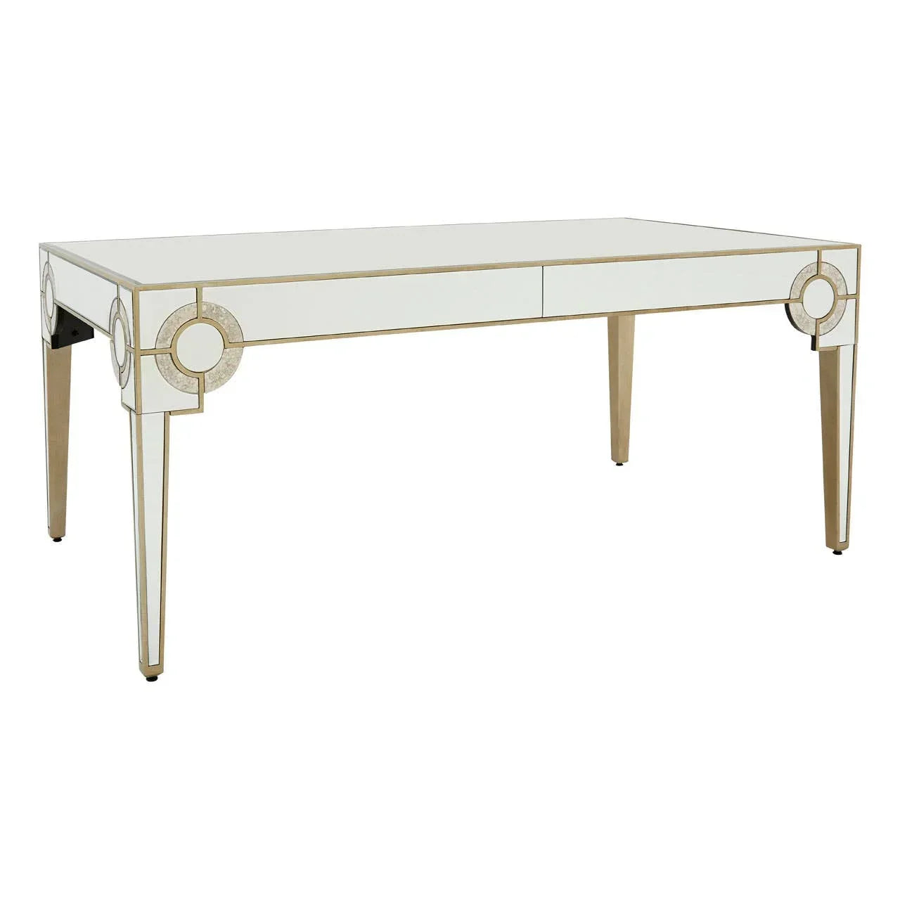 Mirrored console table with gold trim and geometric accents on tapered legs