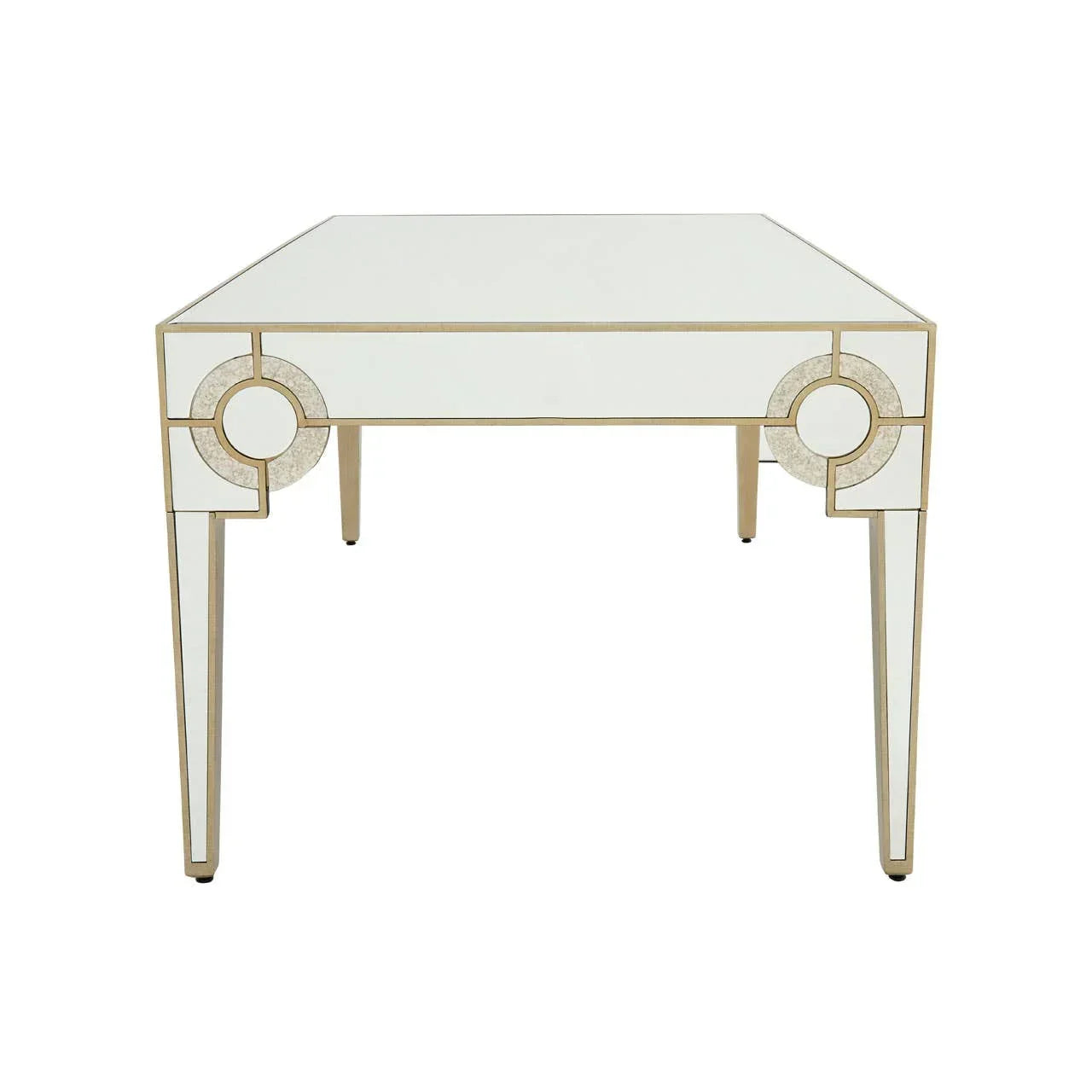 Mirrored console table with gold trim and geometric circle accents, front view