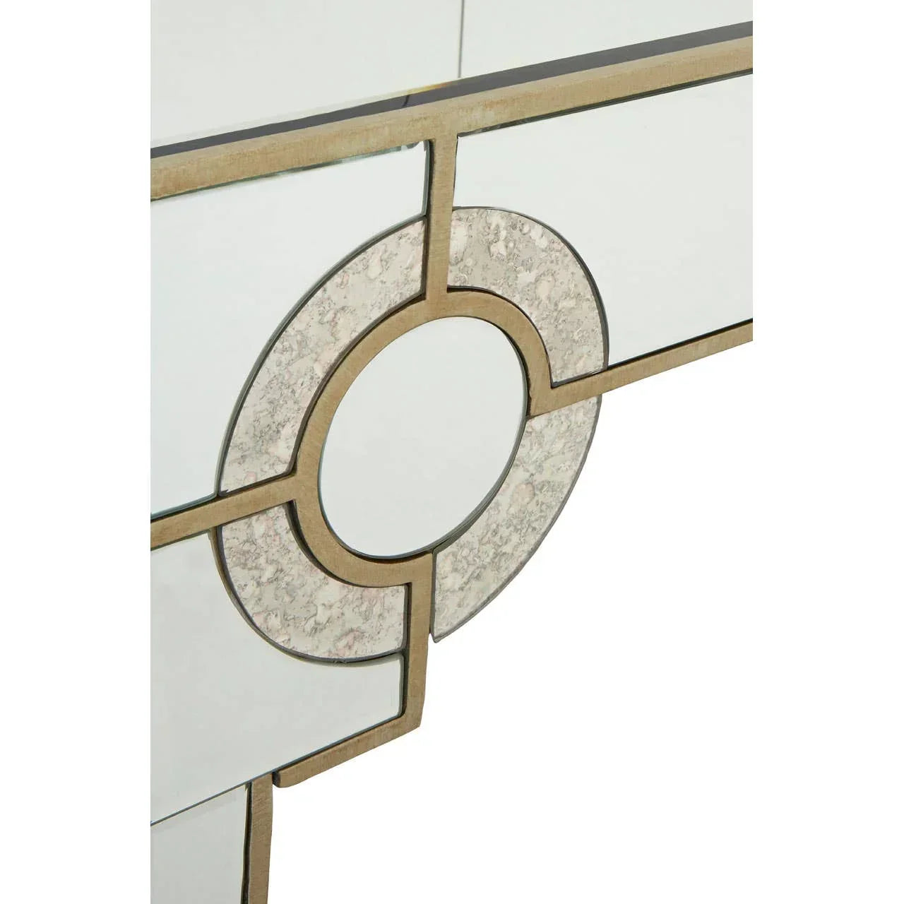 Mirrored console table with geometric gold trim and antique textured accents