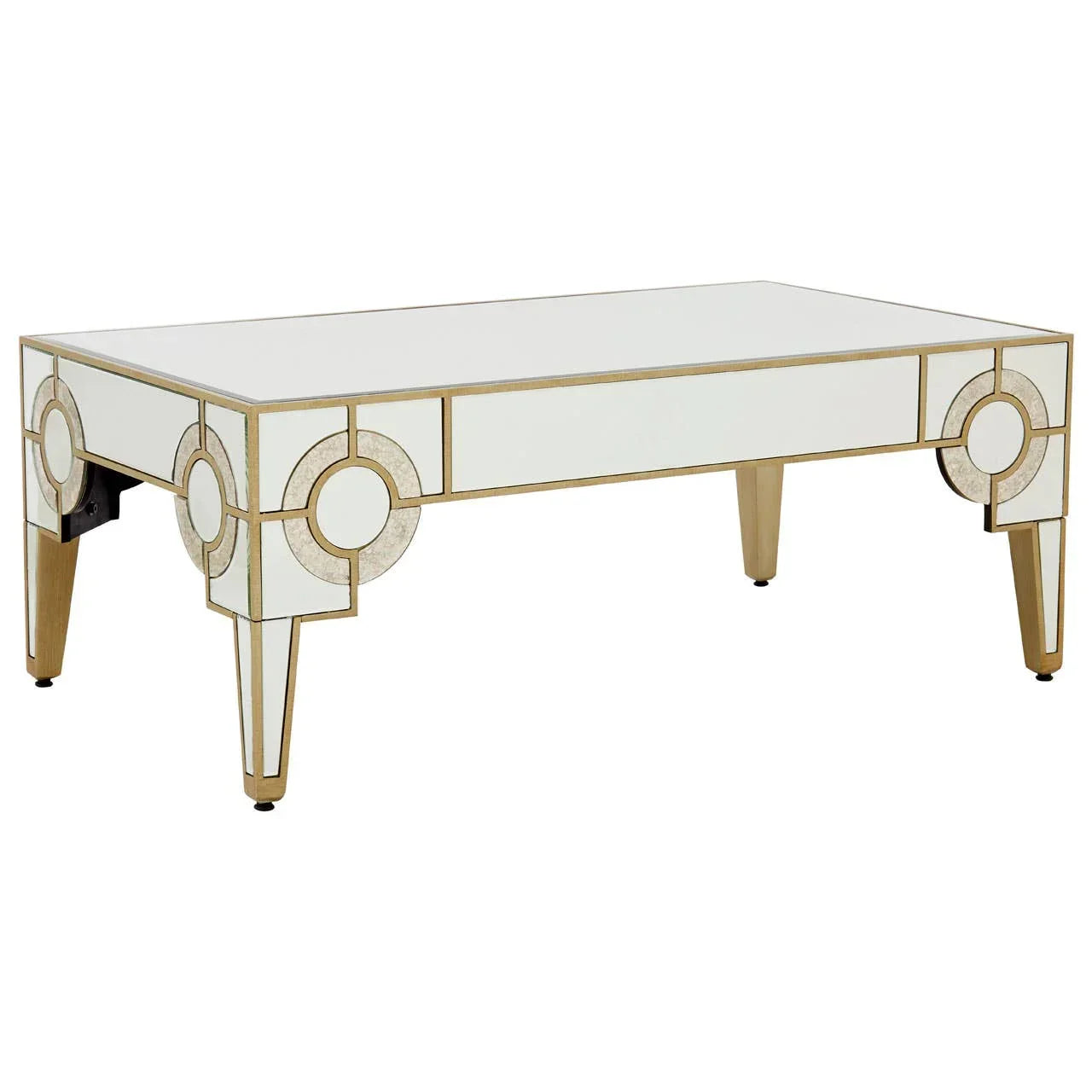 Mirrored coffee table with gold trim and geometric design on legs, angled front view