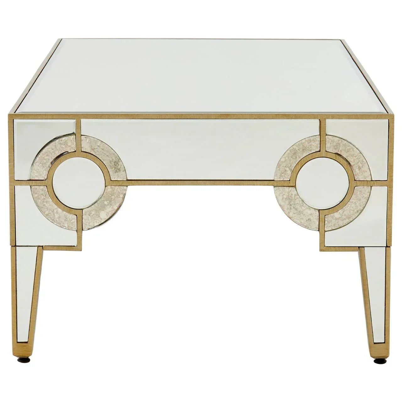 Mirrored coffee table with gold geometric trim and decorative circular side accents