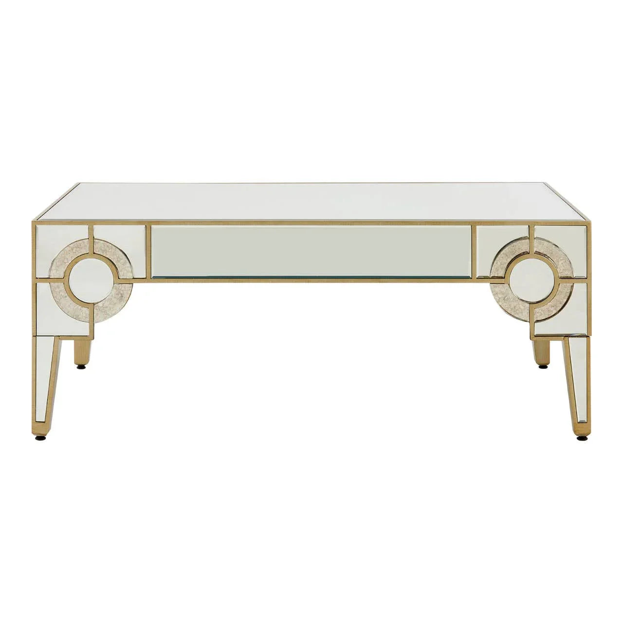 Mirrored coffee table with gold frame and geometric circle detailing on legs